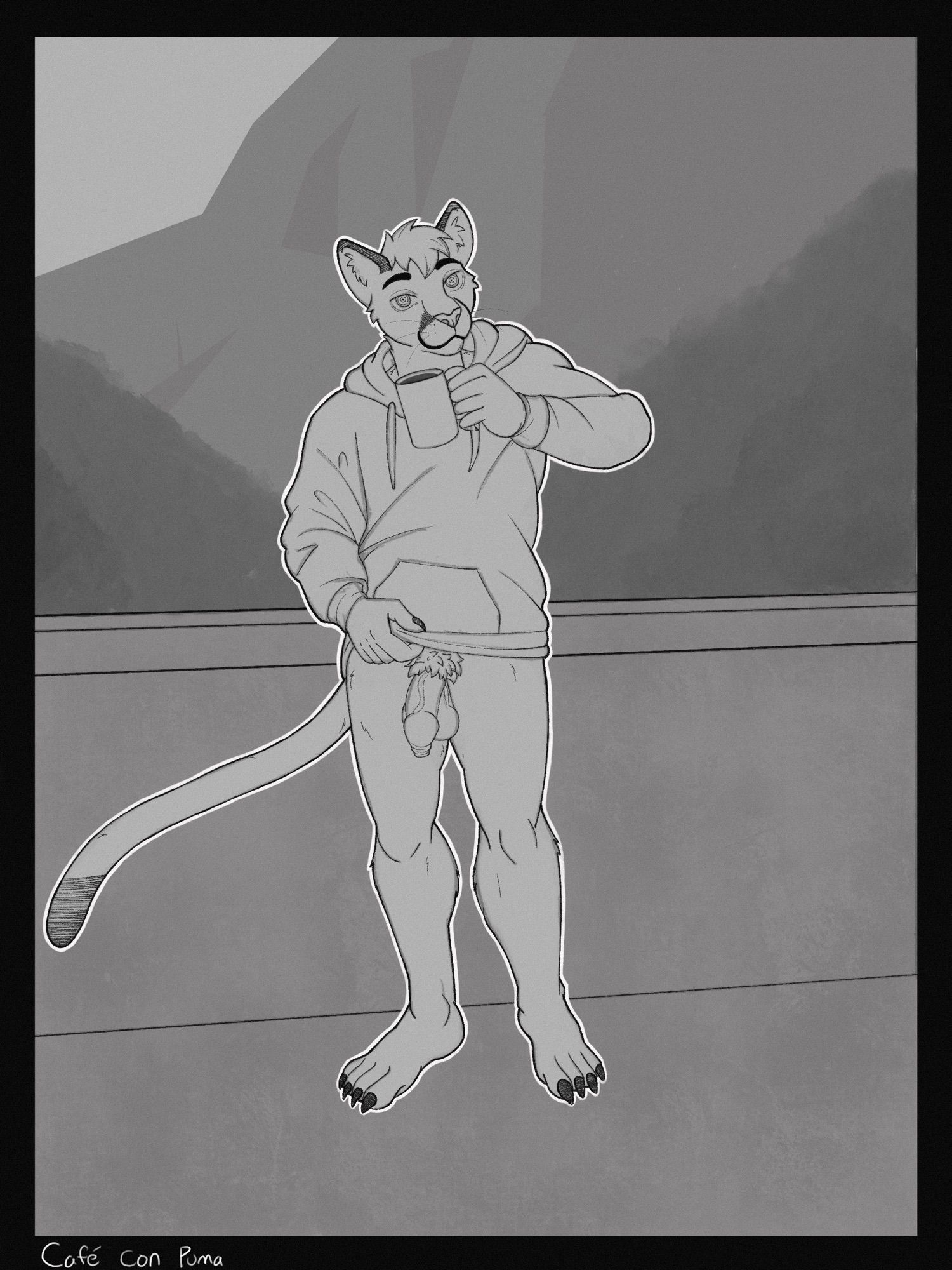 Anthro mountain lion with creepy eyes standing on a balcony wearing only a hoodie, completely bottomless and offering to engage in a sexual activity known as docking while he enjoys his coffee.