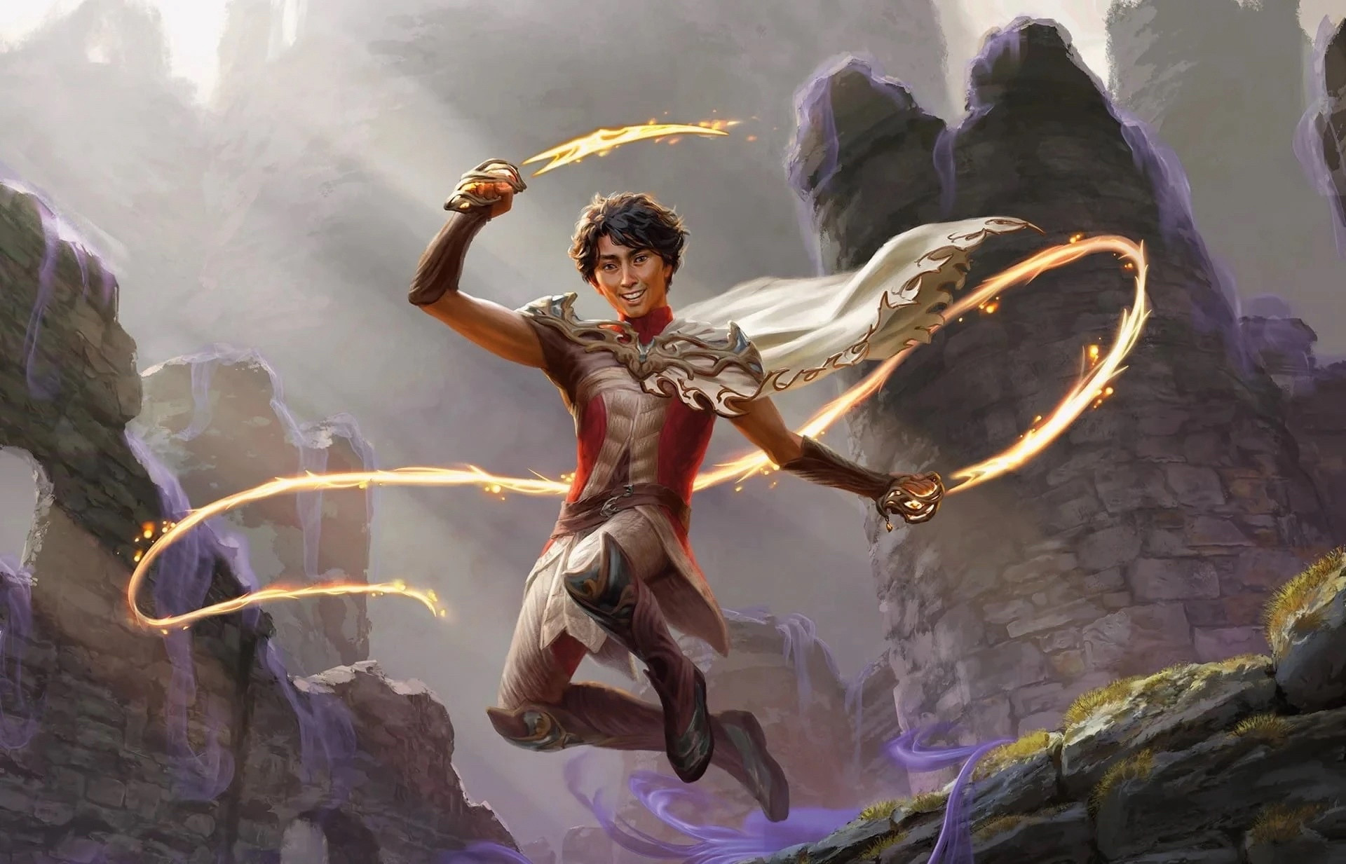 Kellan a Magic the Gathering character. Half fey boy with a red and white outfit and glowing yellow whip blades.