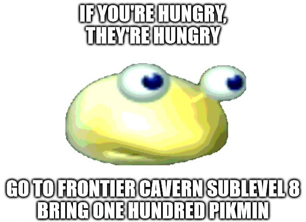 impact font meme with an image of a bulborb larva, reading
"IF YOU'RE HUNGRY, THEY'RE HUNGRY"

"GO TO FRONTIER CAVERN SUBLEVEL 8
BRING ONE HUNDRED PIKMIN"