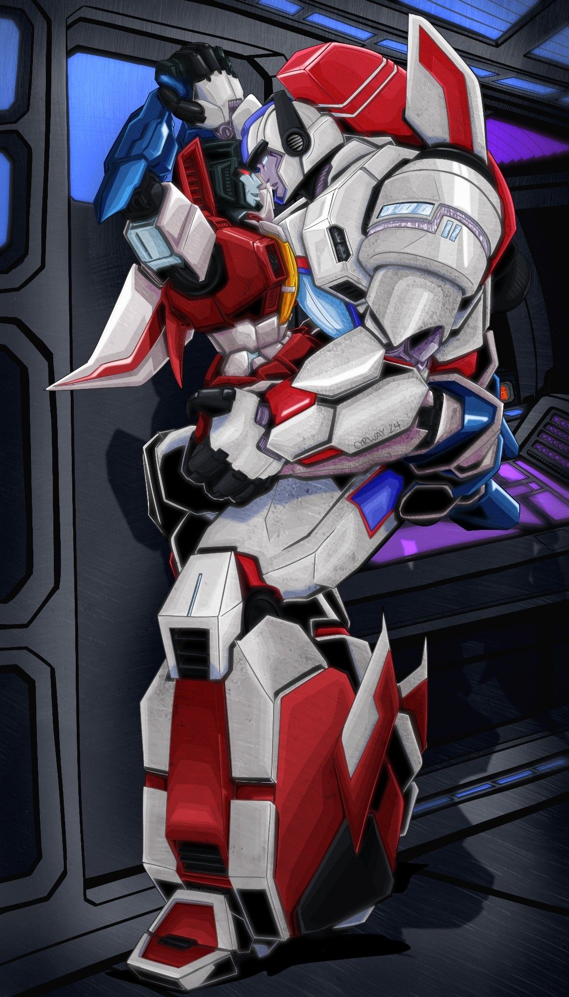 Digital color illustration of Starscream and Skyfire/Jetfire; suggestive pose of Skyfire holding Starscream against the wall, pinning the hands with one. Starscream's legs around his waist.