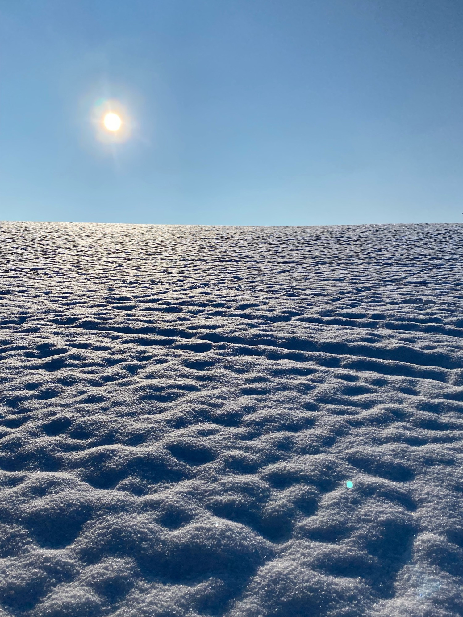 Schneefeld, das von bleicher Wintersonne beschienen wird. Es zeichnen sich Spuren der darunter liegenden Erde ab. 