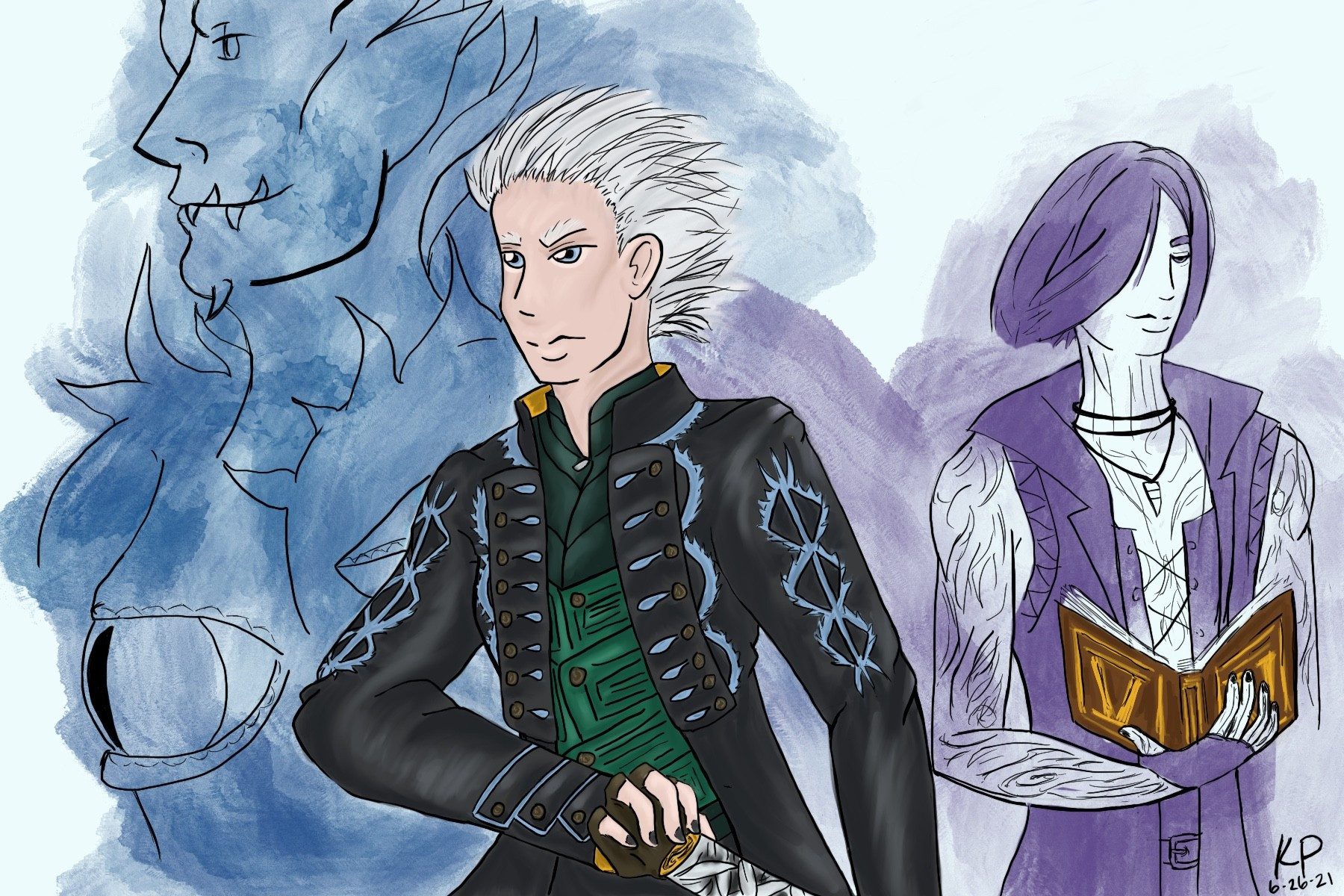 Another procreate image of Vergil with Urizen and V in watercolors (only the book is ...well, *present*)