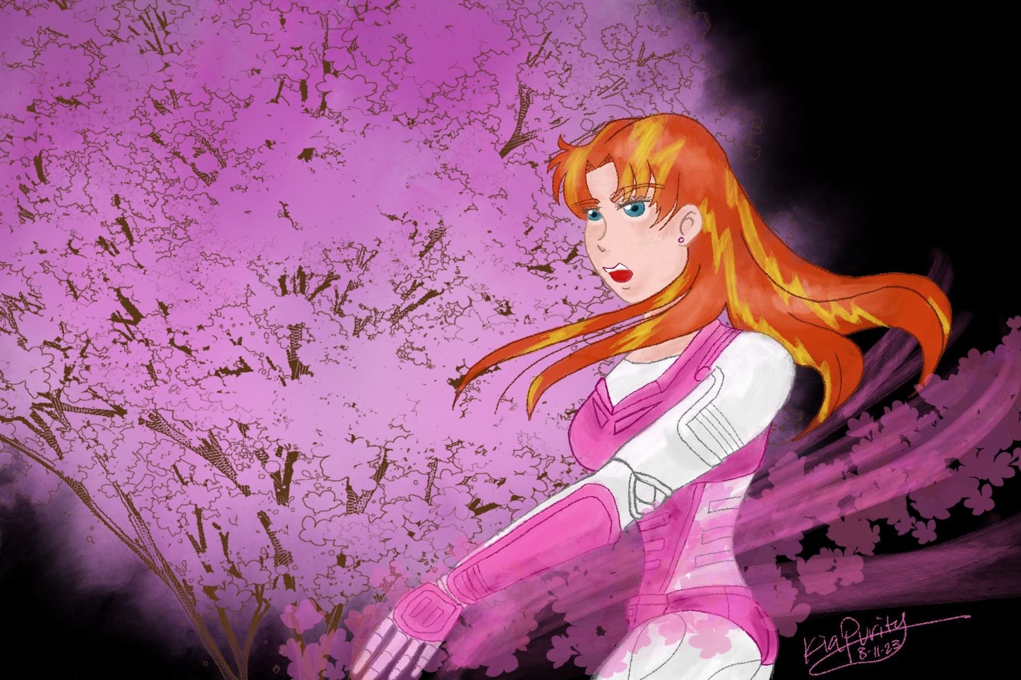 A girl with auburn hair (with blonde lightning streaks) wearing a pink and white Samurai Troopers style sub-armor) performing an armoring up sequence with cherry blossoms coming out in a pink motion. There is a cherry three behind her with a black background.

Meant to mimic the Samurai Troopers' armoring up though they have bolts of silk instead.