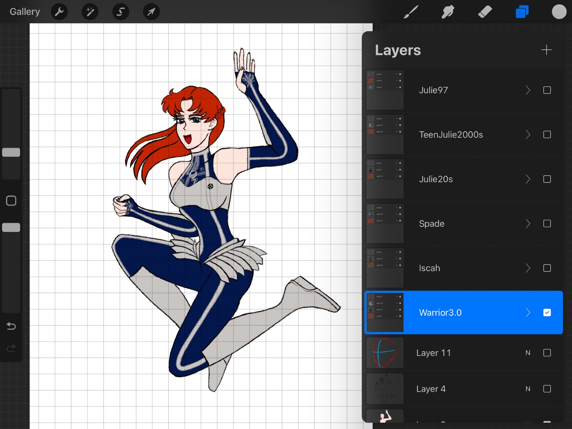 WIP image of Julie Ann in version 3.0 armor, there are 6 visible folders with 3 layers in each of them, only 3.0 has 4 layers at the moment.