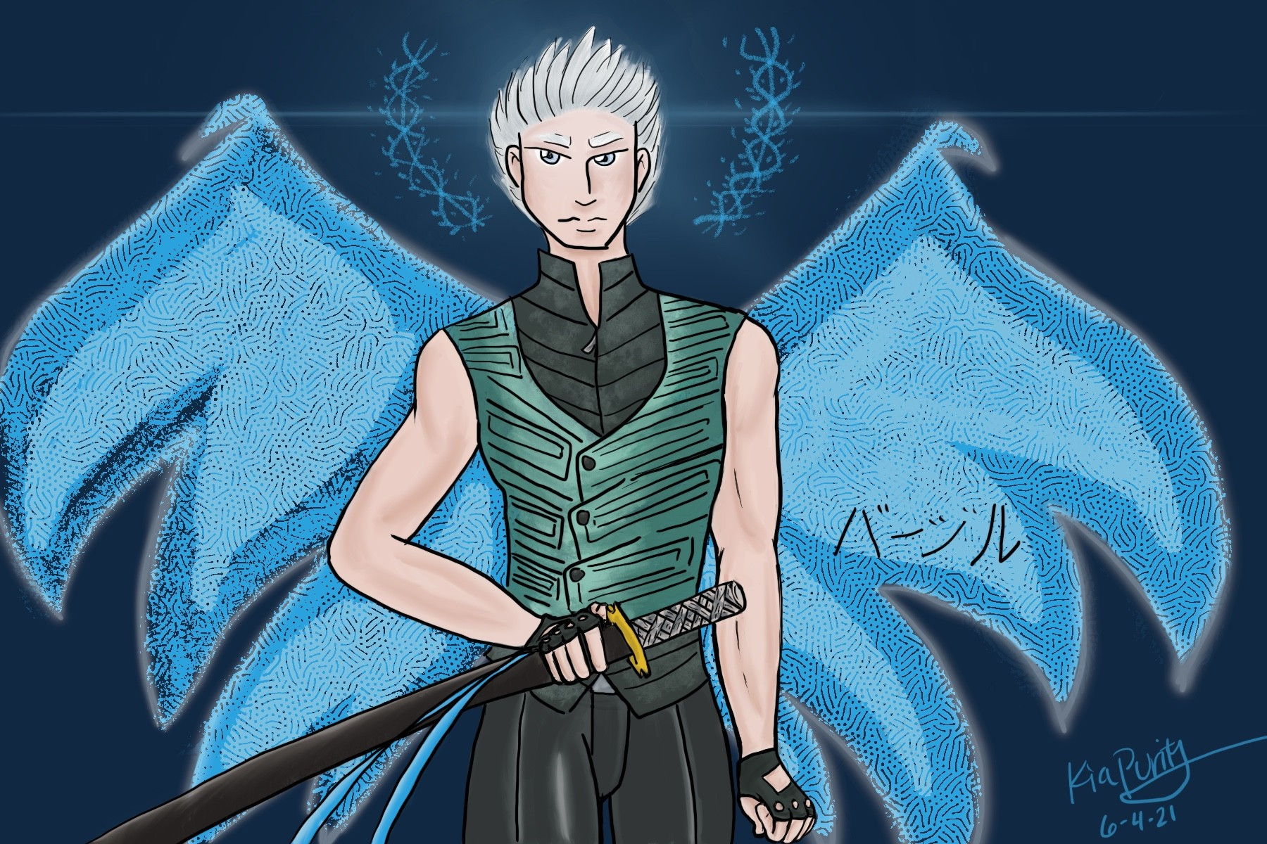 One of my early procreate pictures of Vergil without his coat and his four wings popping out.