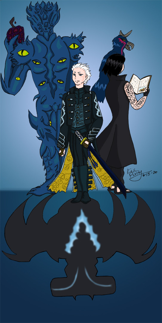 Originally drawn on paper, scanned in and colored in Krita (the devil trigger shadow was incomplete but finished in krita); Vergil standing in front with Urizen and V standing with their backs to the viewer. The devil trigger is visible with the glowing blue light in the shadow coming from Vergil.