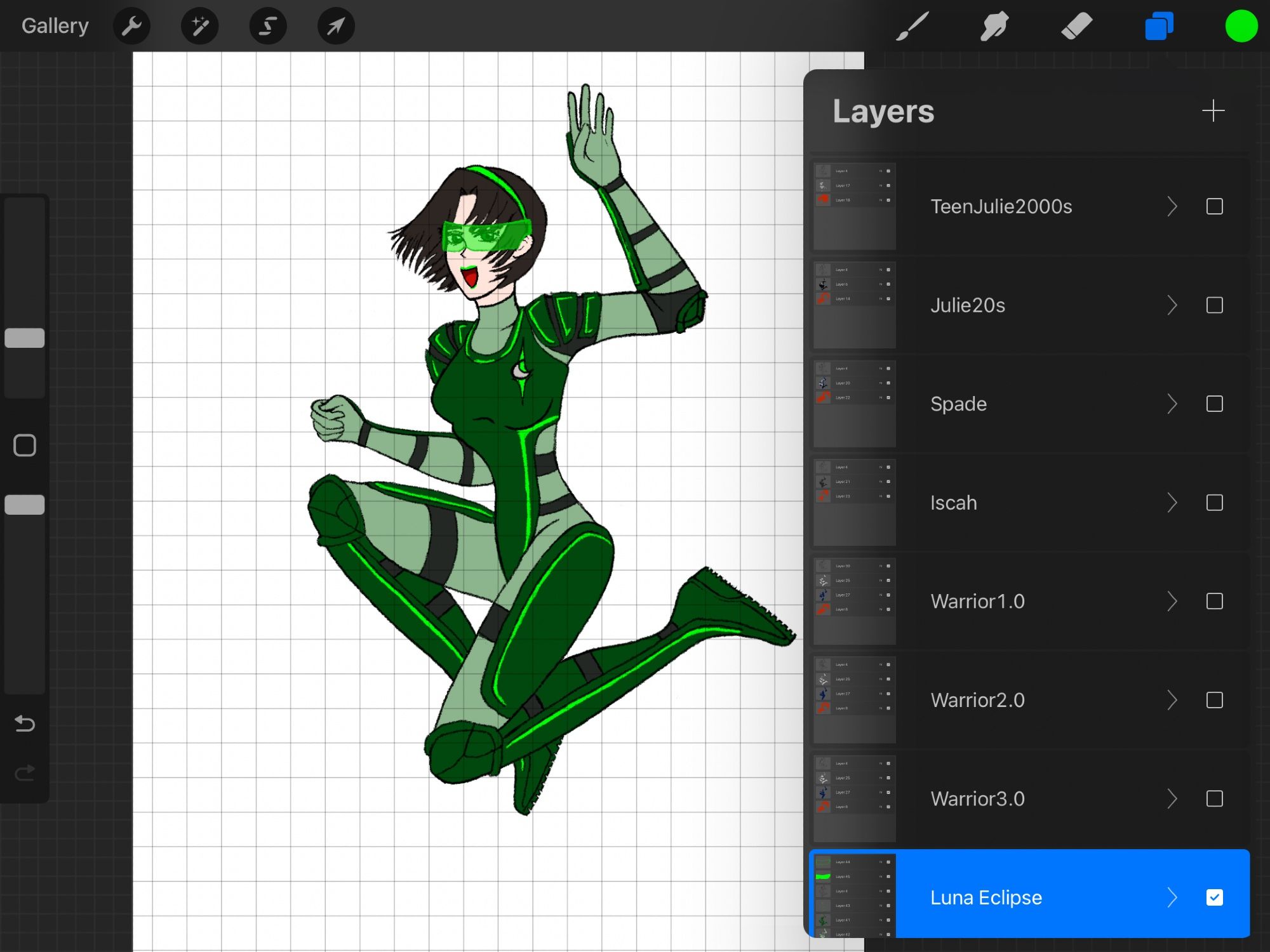 Luna Eclipse, a dark haired woman with a flapper haircut, wearing green armor with bits of neon green lighting (think electronic), basic light green bodysuit underneath the armor.