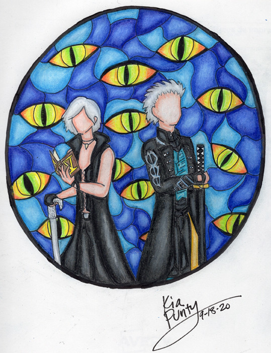 stained glass picture of V and Vergil with Urizen eyes in the background. drawn on paper with ink and color pencils