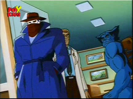 a badly disguised Mr. Sinister walking past Beast and Warlock (disguised as a doctor)