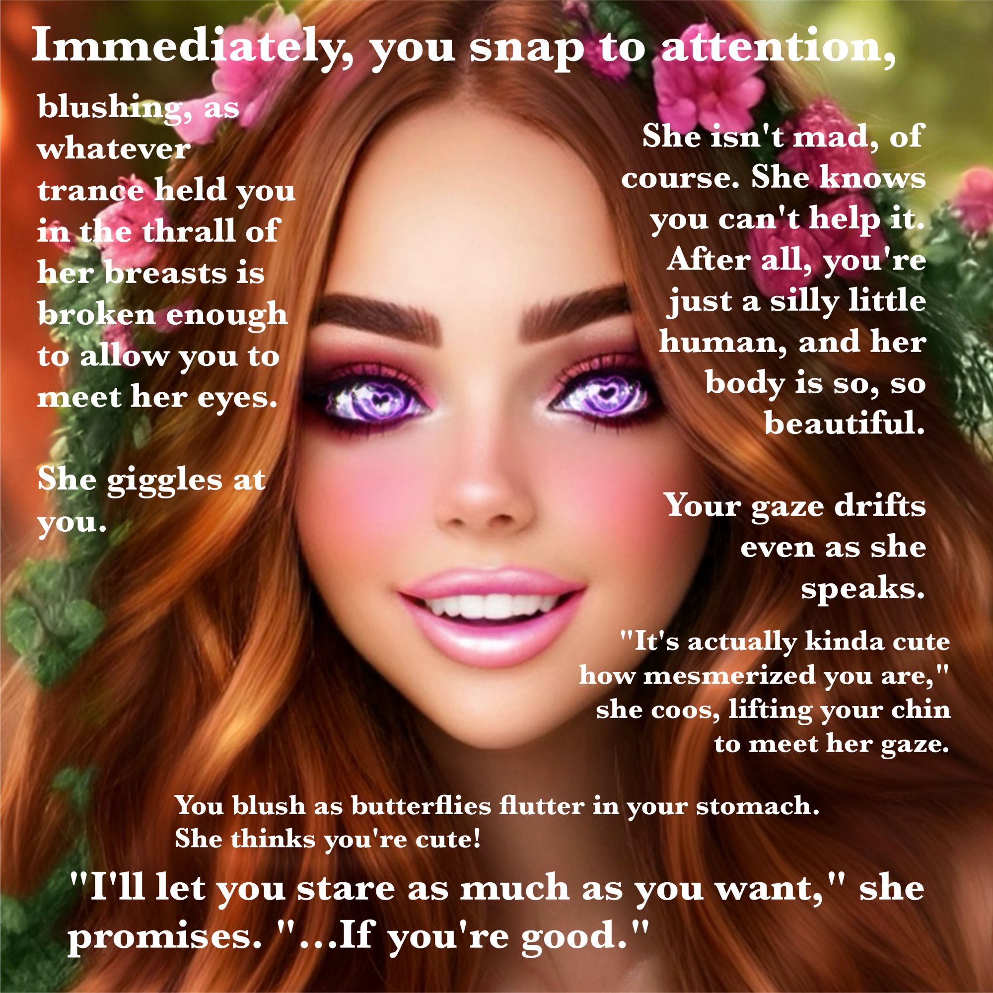 white text over an image of the faerie girl’s face that reads, “Immediately, you snap to attention, blushing, as whatever trance held you in the thrall of her breasts is broken enough to allow you to meet her eyes. She giggles at you. She isn't mad, of course. She knows you can't help it. After all, you're just a silly little human, and her body is so, so beautiful. Your gaze drifts even as she speaks. ‘It's actually kinda cute how mesmerized you are,’ she coos, lifting your chin to meet her gaze. You blush as butterflies flutter in your stomach. She thinks you're cute! ‘I’ll let you stare as much as you want,’ she promises. ‘...If you're good.’”