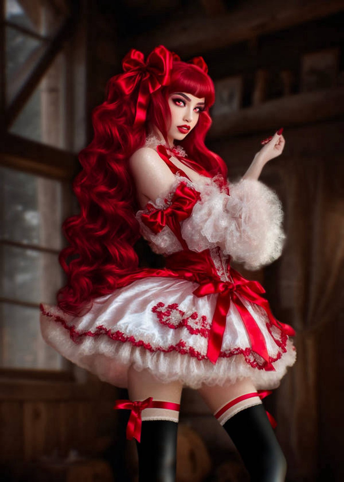 An adult Little Red Riding Hood with long wavy red hair done up in red satin bows. She’s wearing a white satin harajuku fashion style hime (princess) dress with red trim and red satin bows, a short poofy skirt with petticoat that shows off her slender legs, exposed shoulders, and poofy tulle sleeves. She’s also wearing lacy white maid-style thigh high stockings, tied with red satin ribbons, and black thigh high boots. Her lips, eyeshadow, irises, and nails are red too match. She stands inside a rustic wood-paneled cabin.