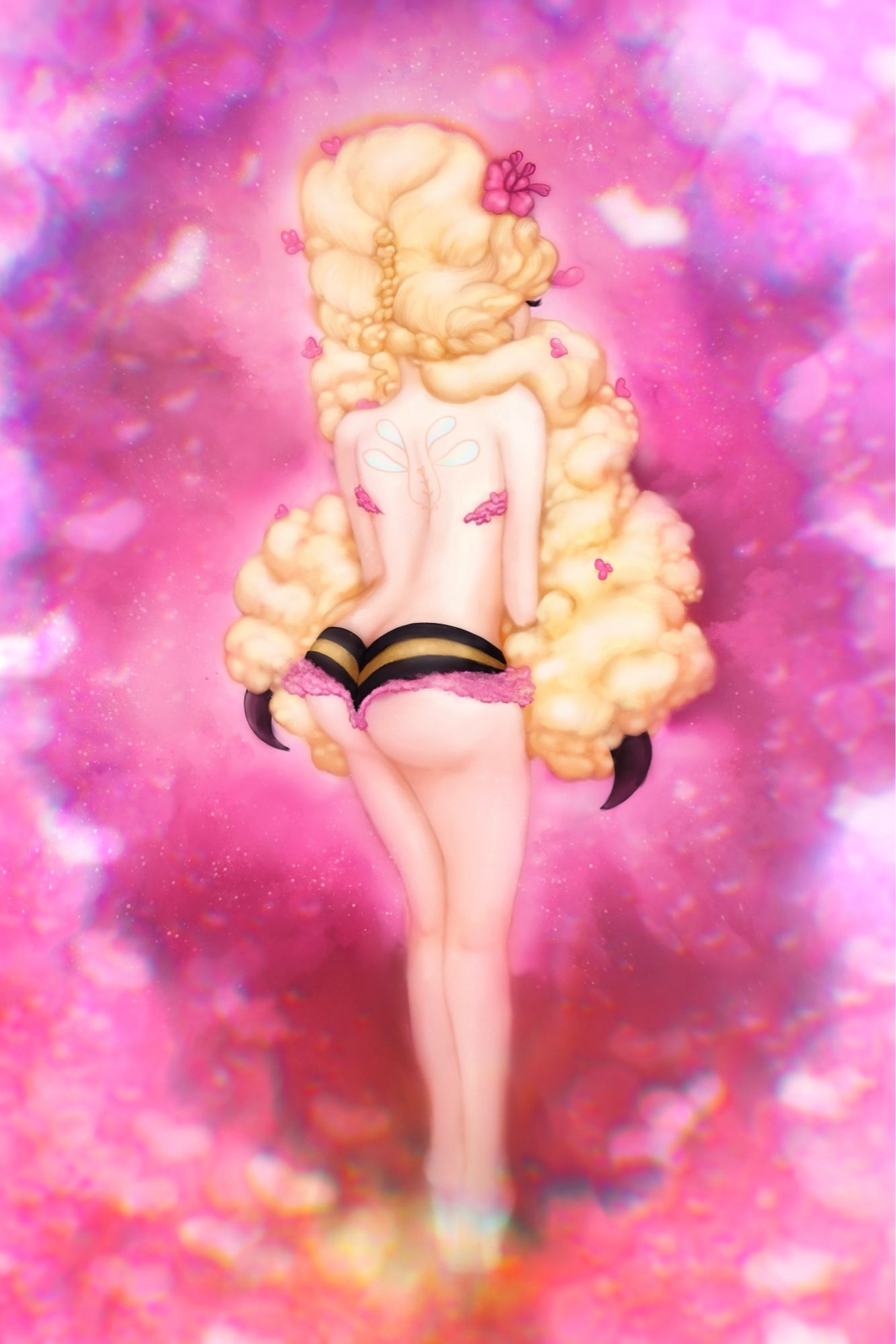 Honey is seen from behind. She’s a beautiful woman, topless with skin-tight shorts hugging a bubble butt; the shorts have gold and black stripes in a horizontal orientation, similar to a bee’s stripes, and a frilly pink petticoat-like hem on the lower side. Her skin is a pale peachy tone, and she has long light-blonde hair done up in a beehive hairdo, accented with braids, and two long twintails that hang down past her waist, each ending in a big, curved black bee stinger. She has pink flowers in her hair, and along her sides where a bra strap would be. There is a holographic tattoo depicting an abstract interpretation of bee wings on her back. She’s surrounded by clouds of glittering pink pollen, augmented by heart-shaped bokeh and chromatic aberration, giving the appearance that the viewer’s mind/perception is being altered.