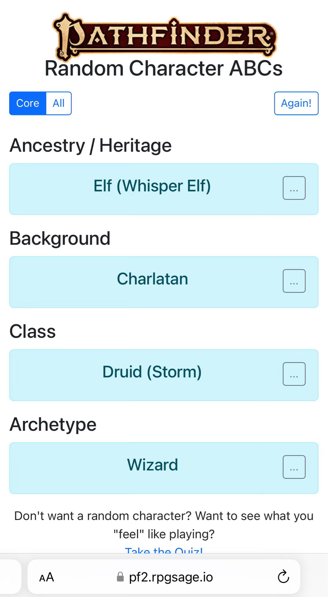 Screenshot of Pathfinder 2e Random ABC. Elf Ancestry, Whisper Elf Heritage, Charlatan Background, Druid Class, Storm Order, Wizard Archetype.