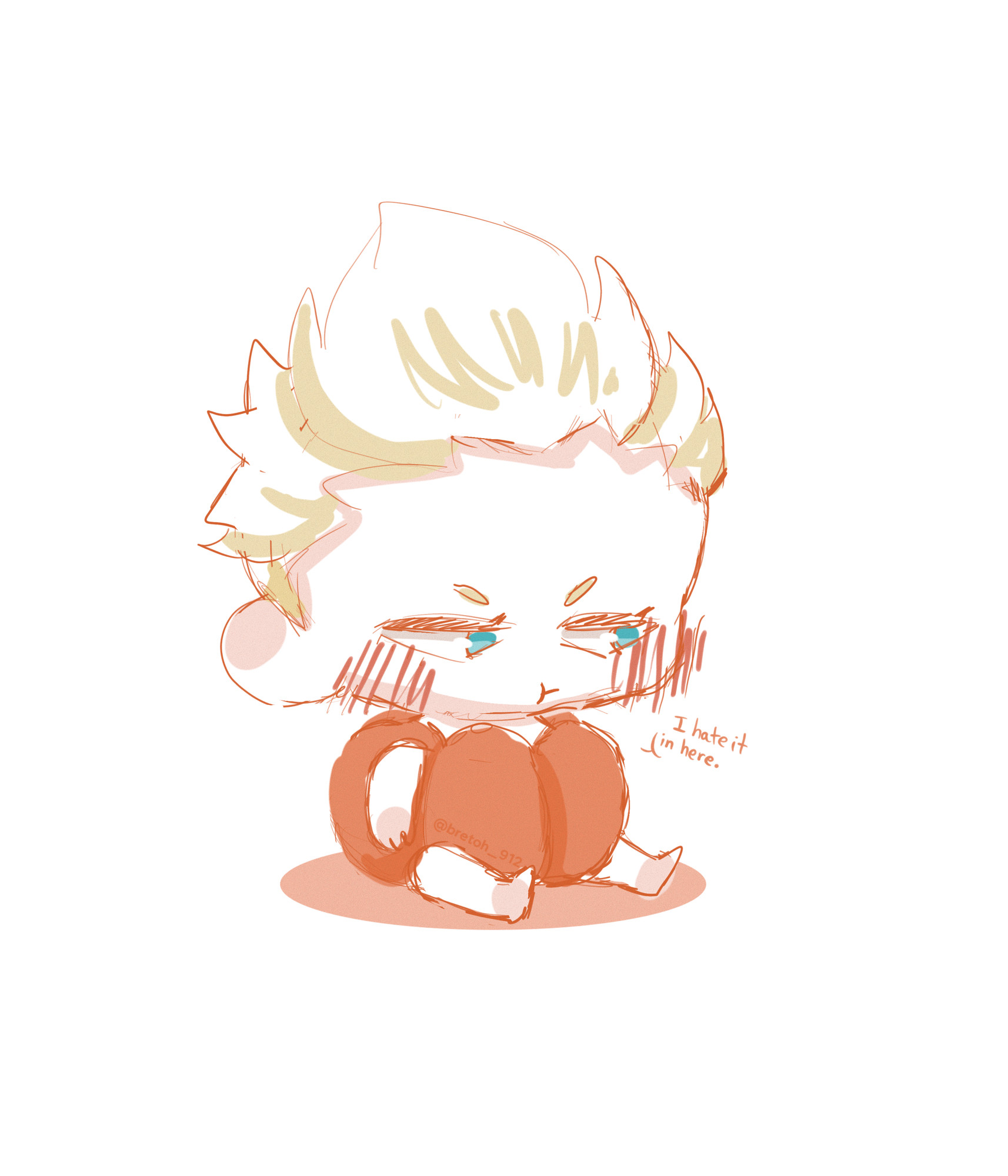 A drawing of Millions Knives from Trigun 2023 in a chibi style wearing a pumpkin costume, sitting down while pouting and blushing.
There’s a small dialogue next to him saying: “I hate it in here”