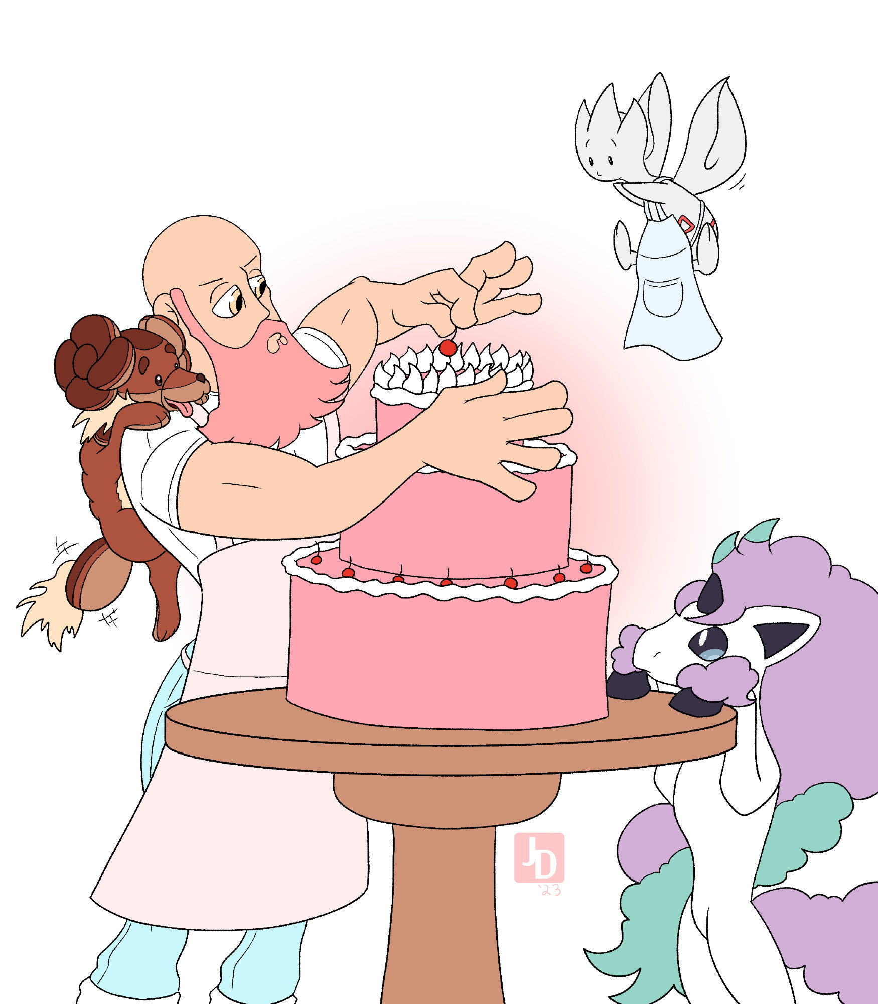 A bald man with a pink beard is carefully placing a cherry on top of a cake. Three pokemon, a Dachsbun, a Togetic, and a Galarian Ponyta watch in anticipation.