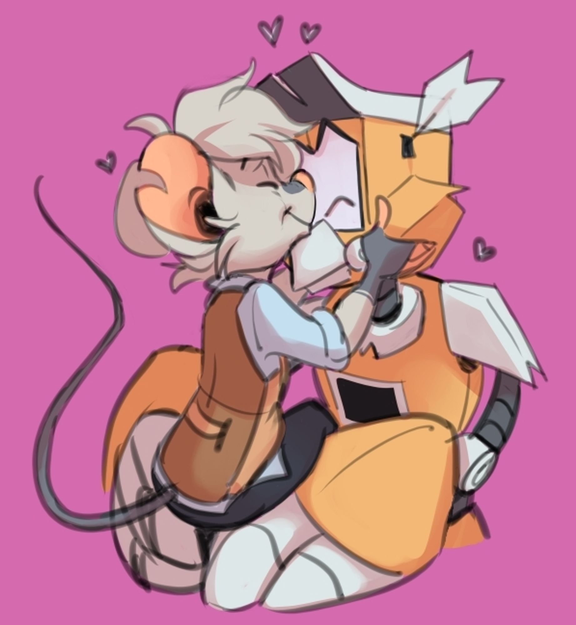 BirdBot drawing by MouseNoises.

A robotic owl getting nuzzled by his mouse boyfriend Smithy.