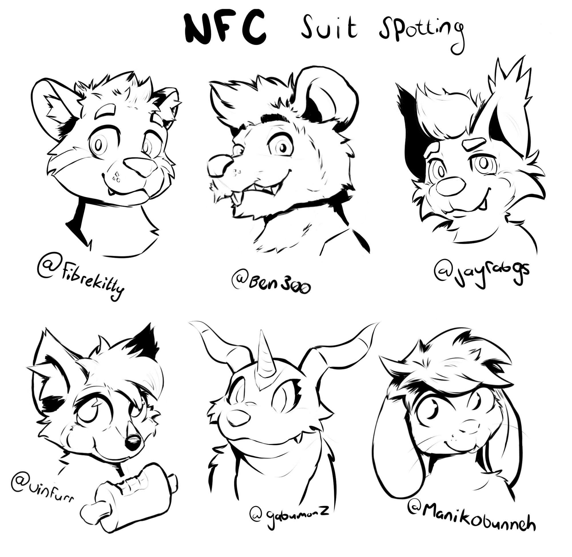 6 headshot sketches of various furry characters.