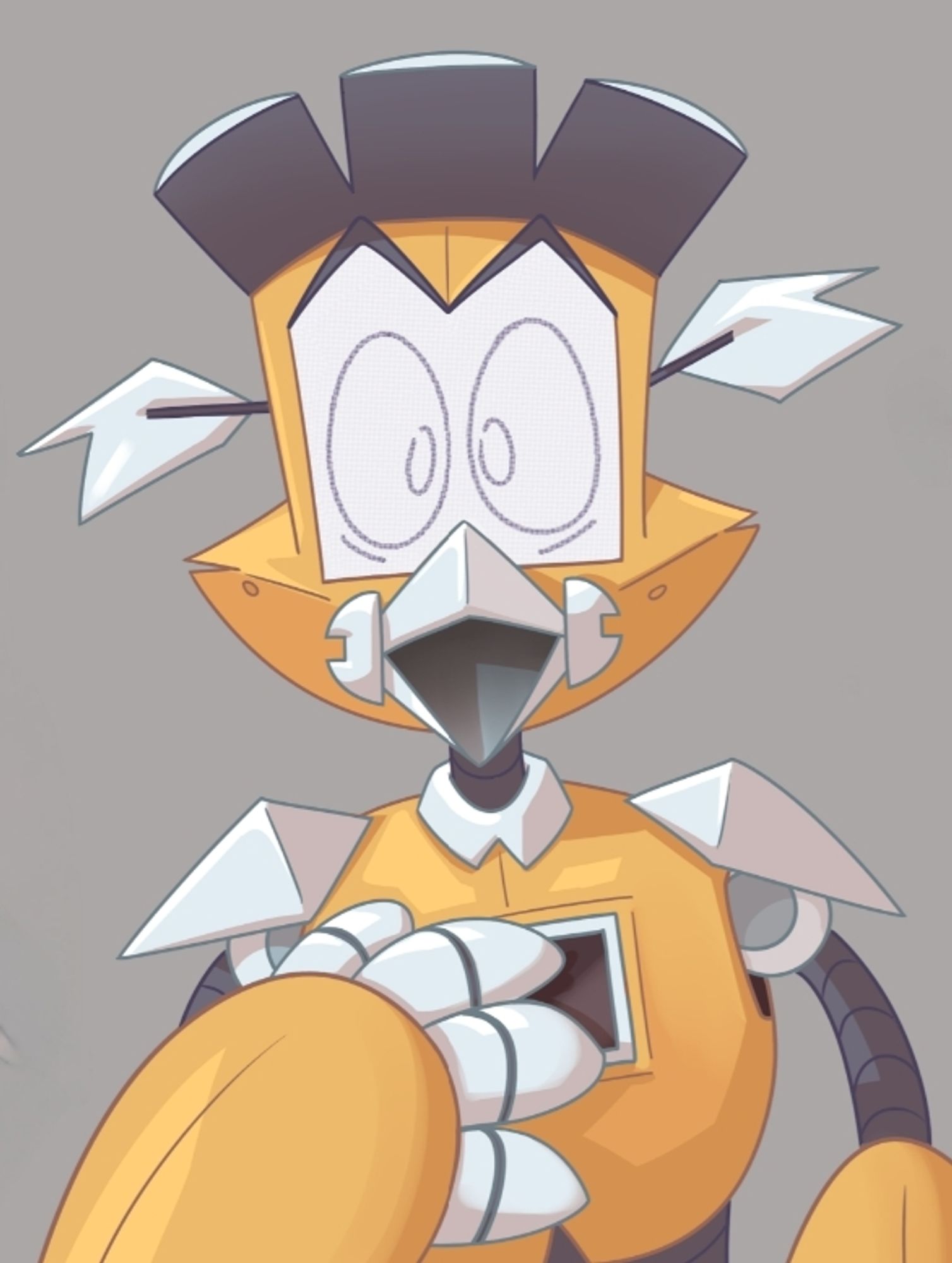 A drawing of Hoobee, a bird shaped robot, making a shocked expression. Art by Mousenoises