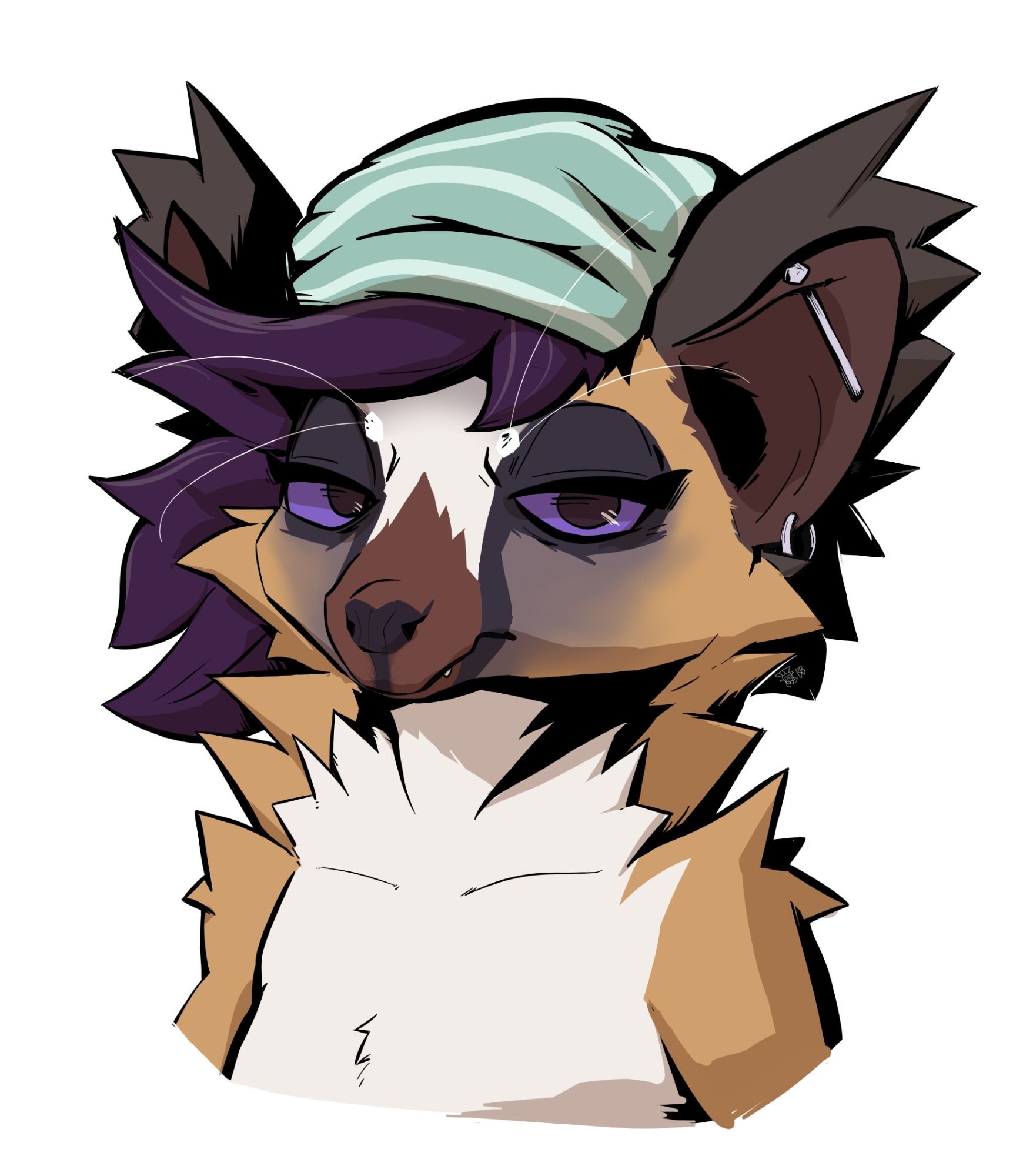 A bust drawing of Nuvoo, a hairy-eared dwarf lemur wearing a green beanie with purple hair. She's making a grumpy expression at the viewer.