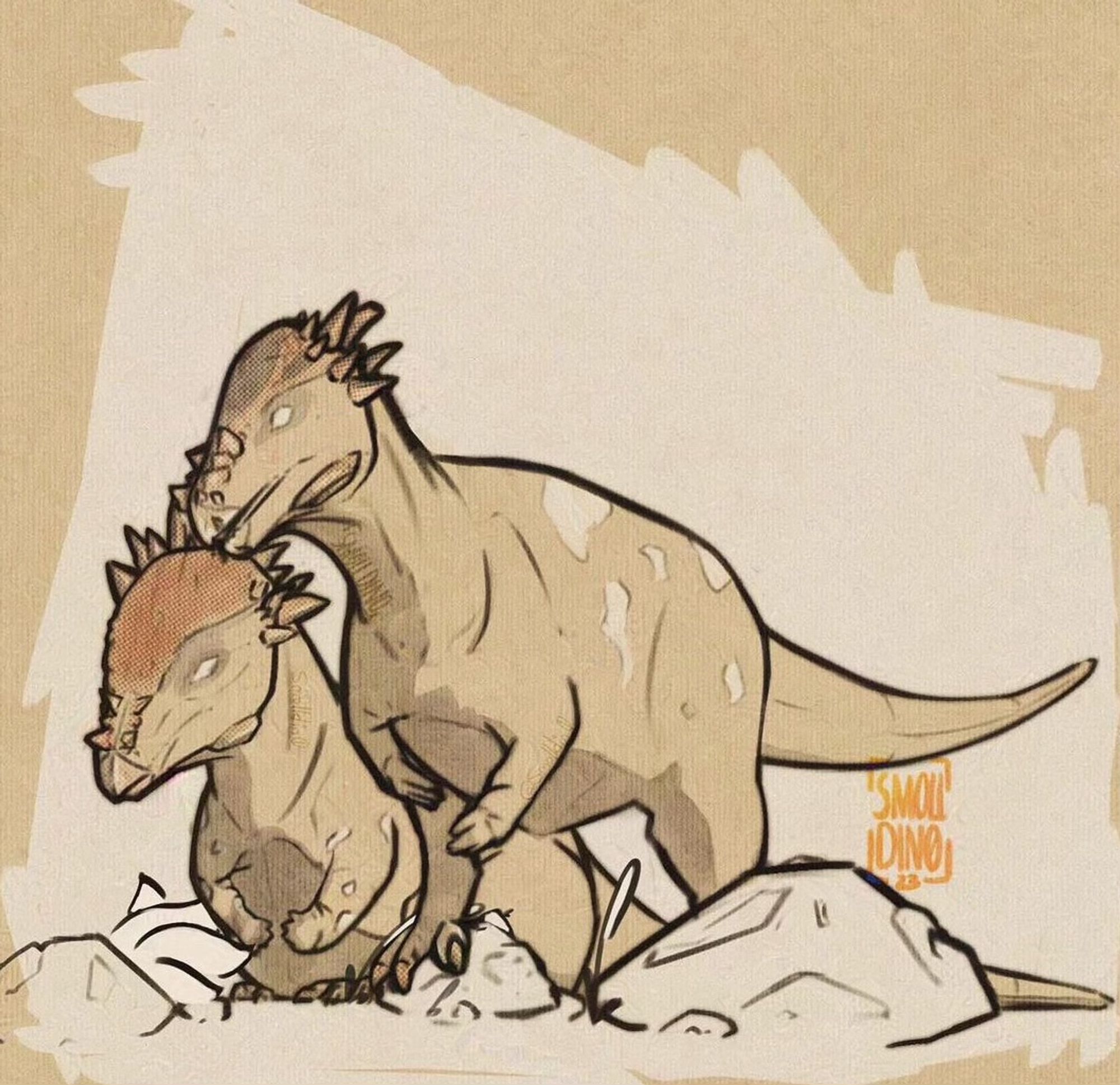 2 pachycephalosaurus petting among rocks