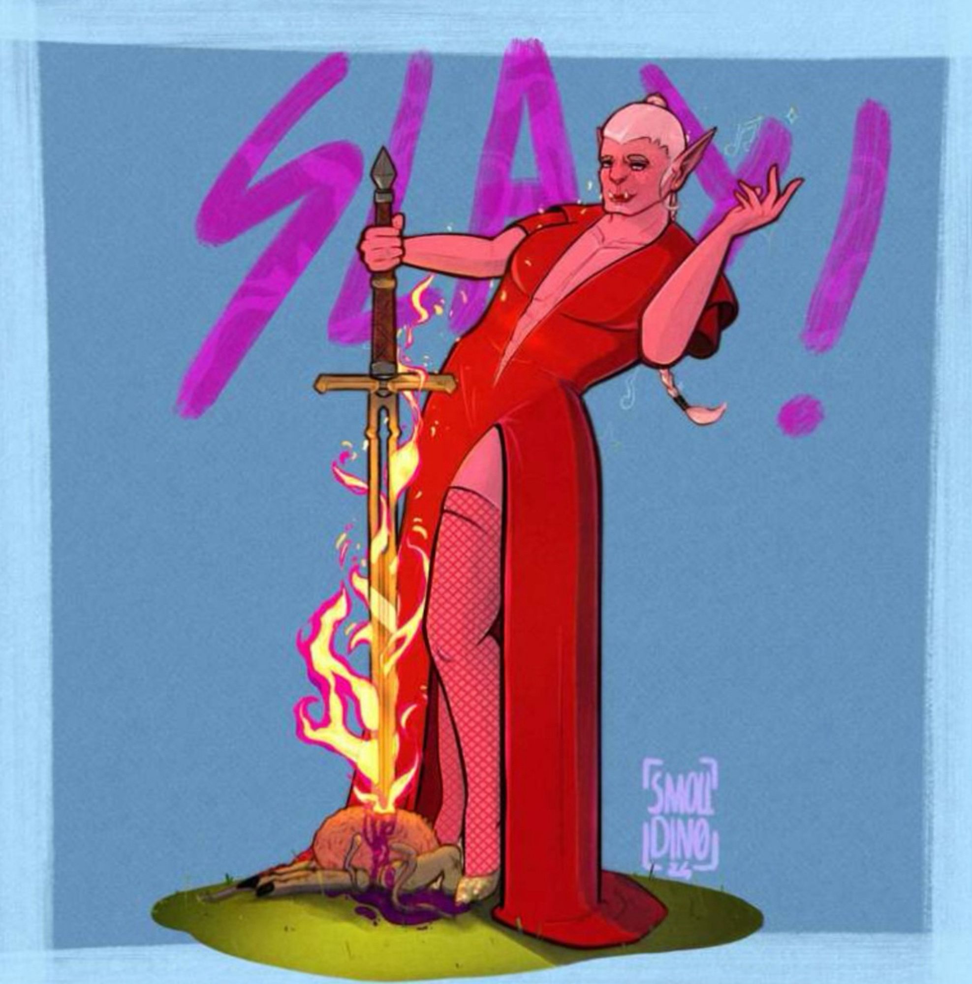 A pink demi-orc wearing a red dress and using a flaming sword striking an intellect devourer. Behind them « slay » is written in big purple letters