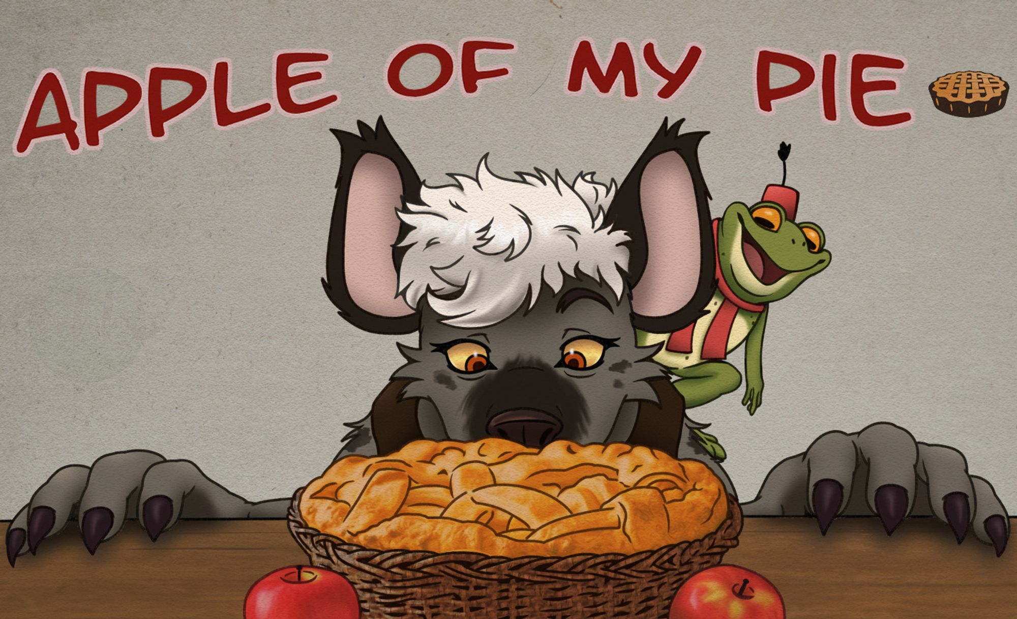 Gnoll and grung characters look on hungrily at a fresh apple pie