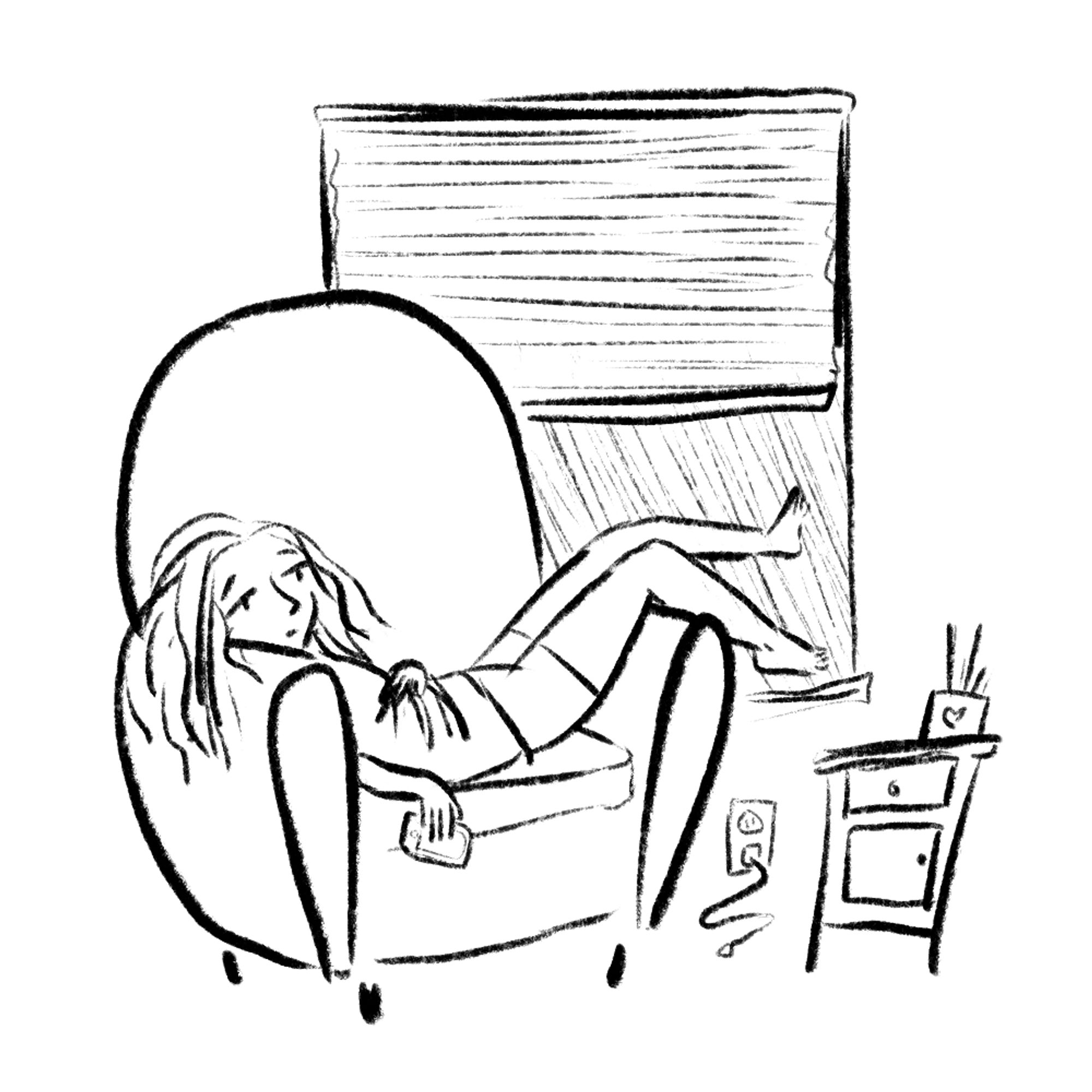 a line-art drawing of a woman lying across an armchair, looking listless. there is a window behind her showing dark rainy weather