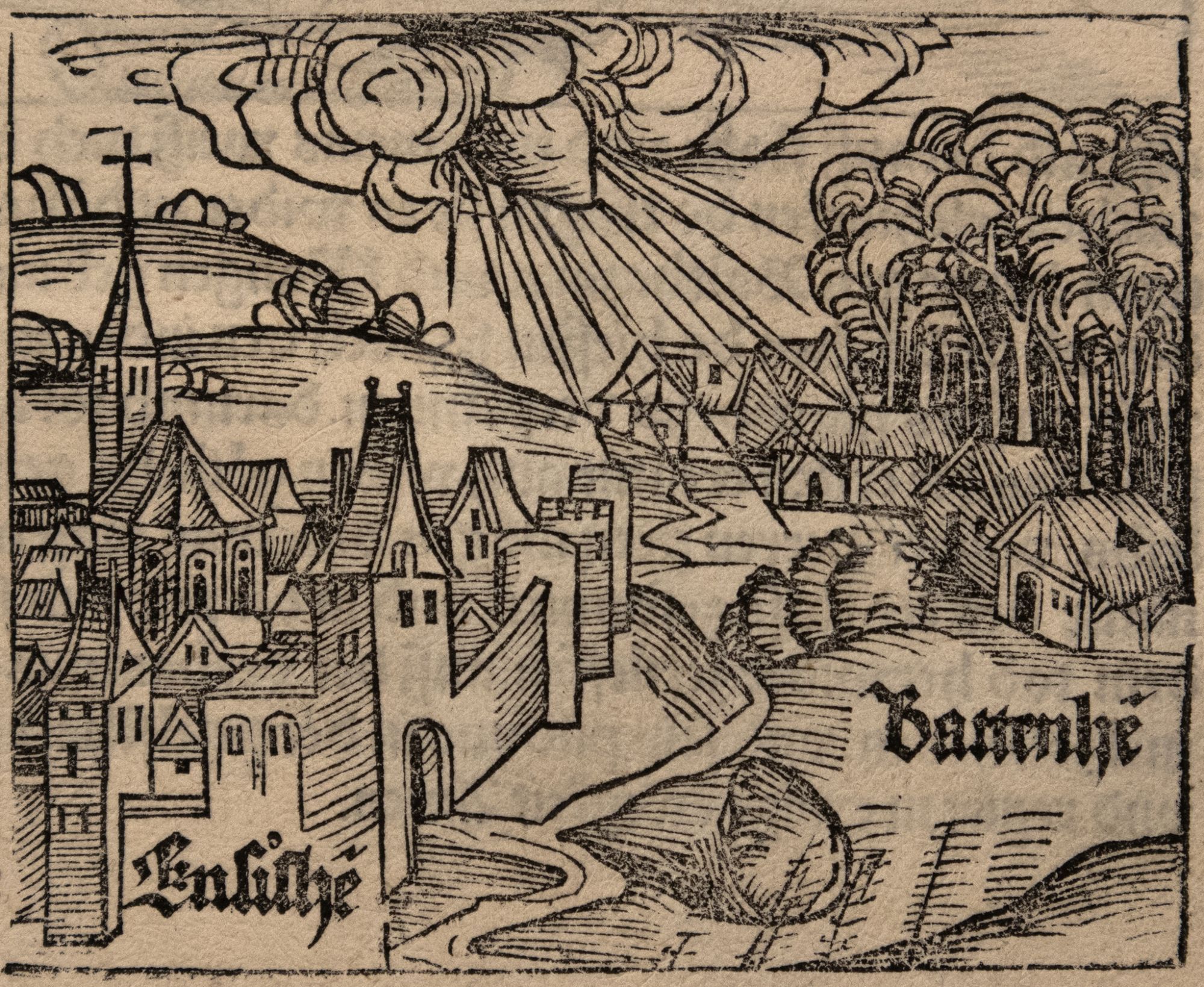 Woodcut -- an image with clear clean lines and hatching for shadows, shows a small town: a raised steeple, a city wall, blocks of buildings. There is a winding river and more buildings across it. And a copse of trees on the far left. In the sky there is a strange accumulation of clouds and sharp lines, indicating light, as a meteor shines upon the city.