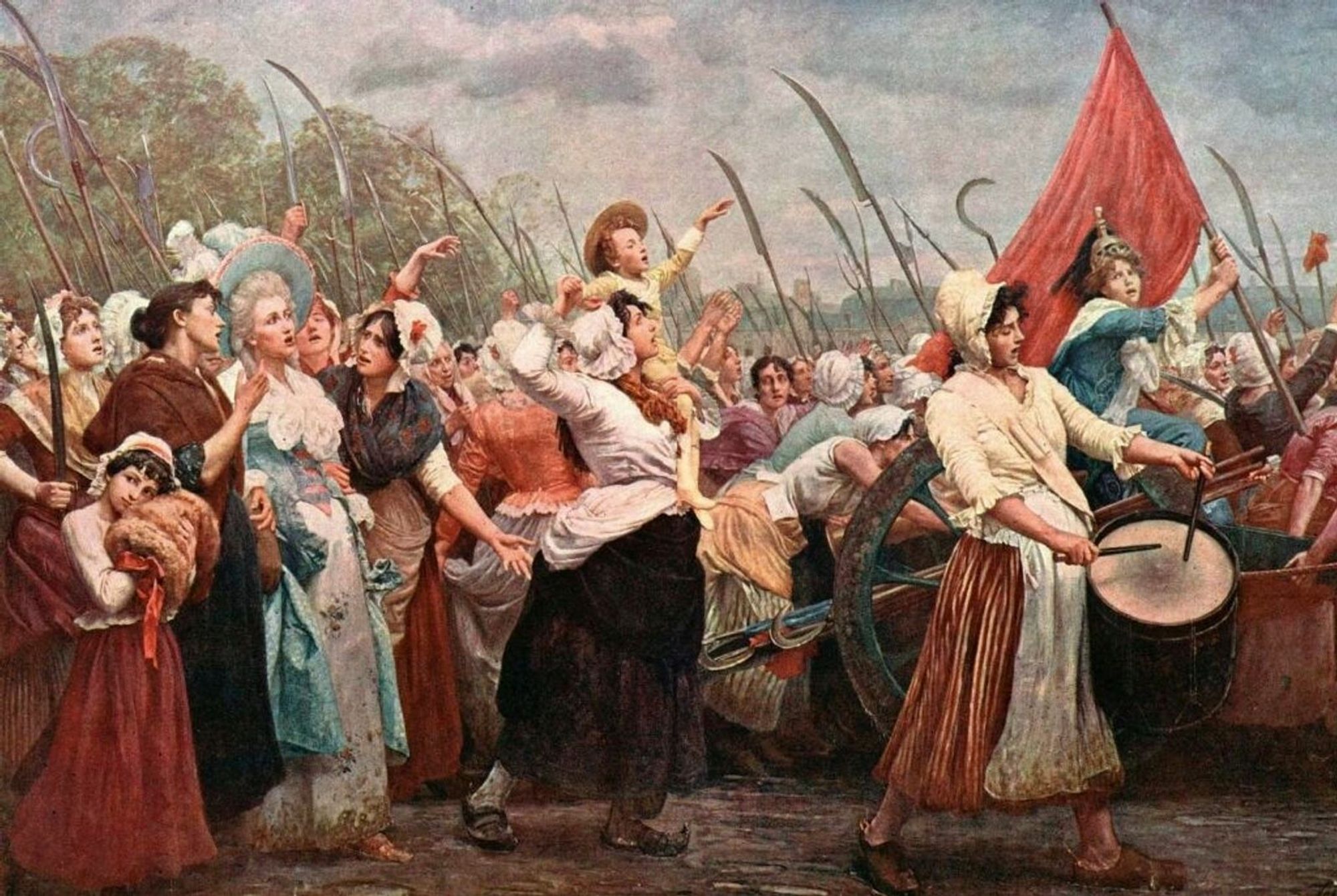 Painting depicting a veritable army of women on the march. The women are dressed in an assortment of clothes ranging from aprons to fancy dresses. One woman is leading the rest, playing on a drum. Many of the women are armed with polearms, some of which appear to be repurposed farm implements. The image is dominated almost entirely by the women, who are captured in a variety of dynamic poses, speaking to each other and raising their fists to the sky.