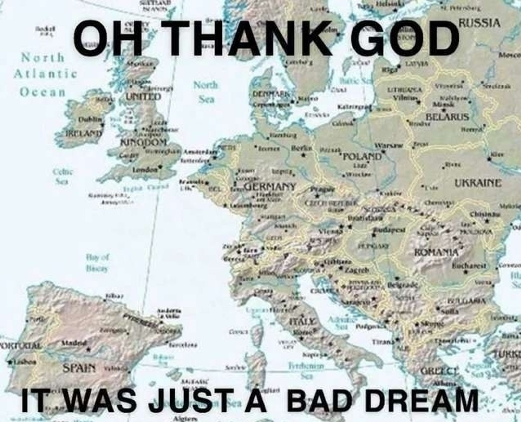 Meme "Oh thank God it was just a bad dream" carte d'Europe où la France a disparu