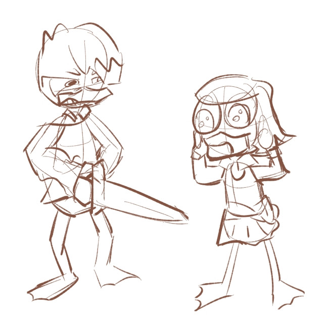 Lena holds a sword with a struggled expression, Webby looks amazed at the sword.
