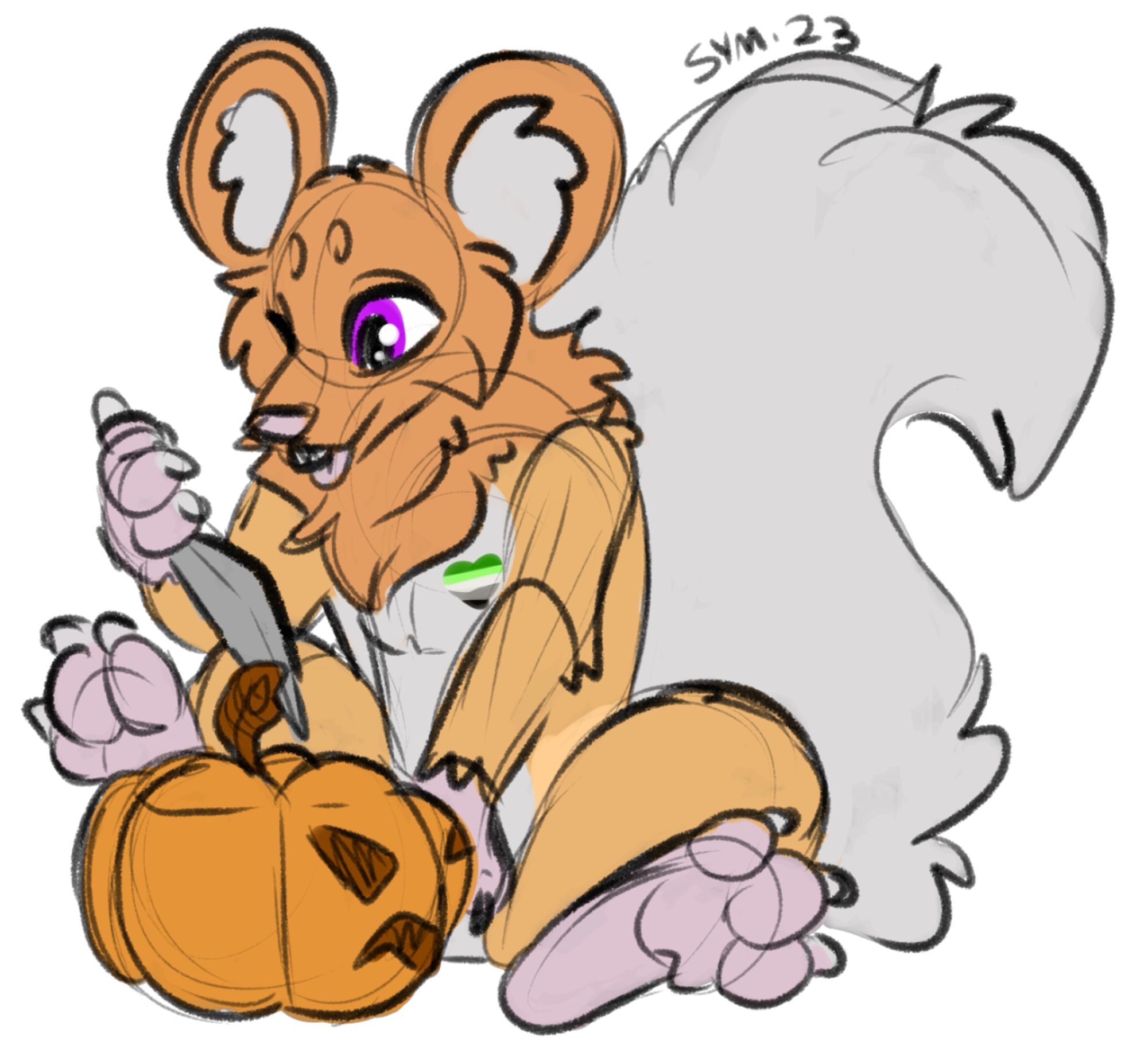 A mouse carving a pumpkin. 