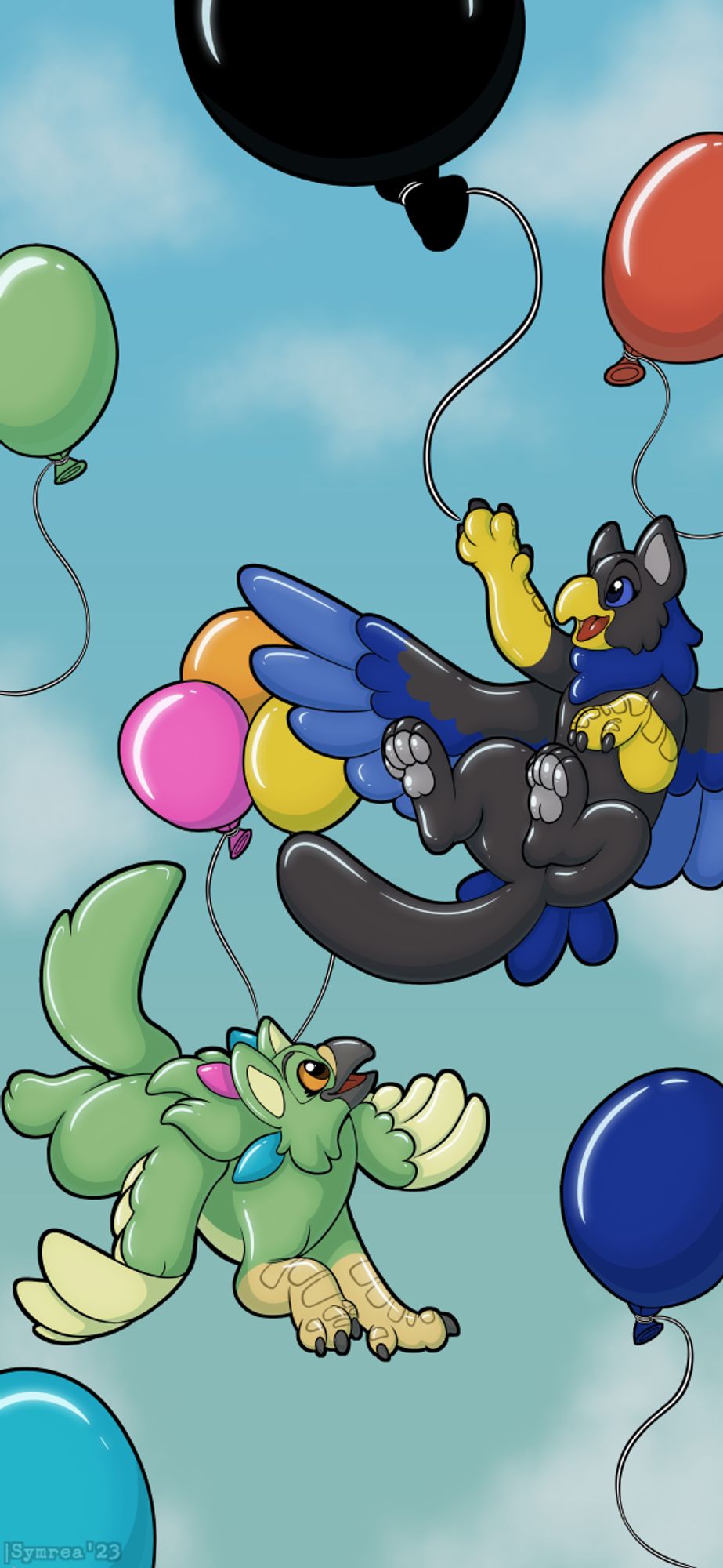 Two gryphons enjoying some balloons