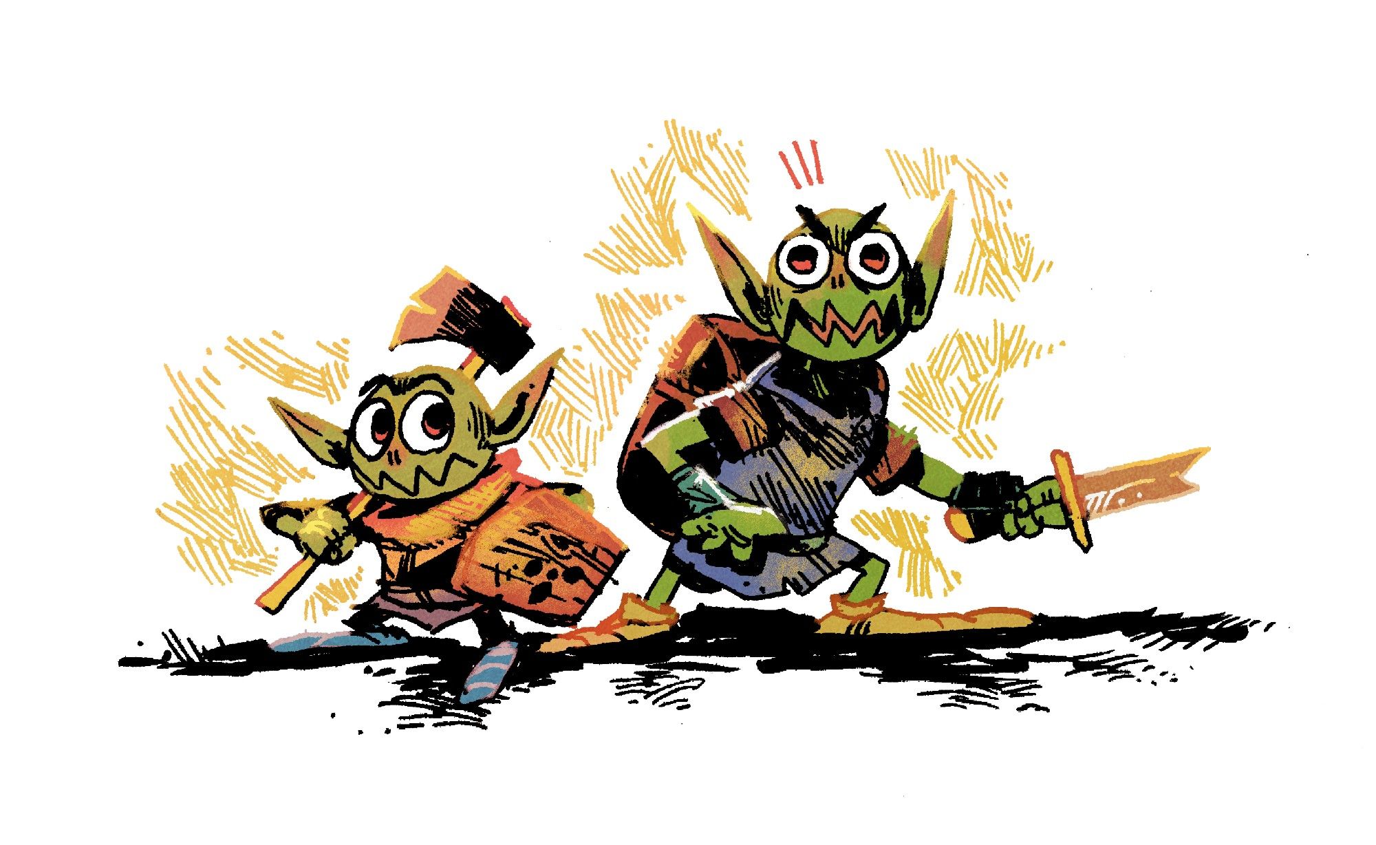 an illustration of two goblins. the shorter one is holding a chopping axe and the taller one is holding a broken sword.