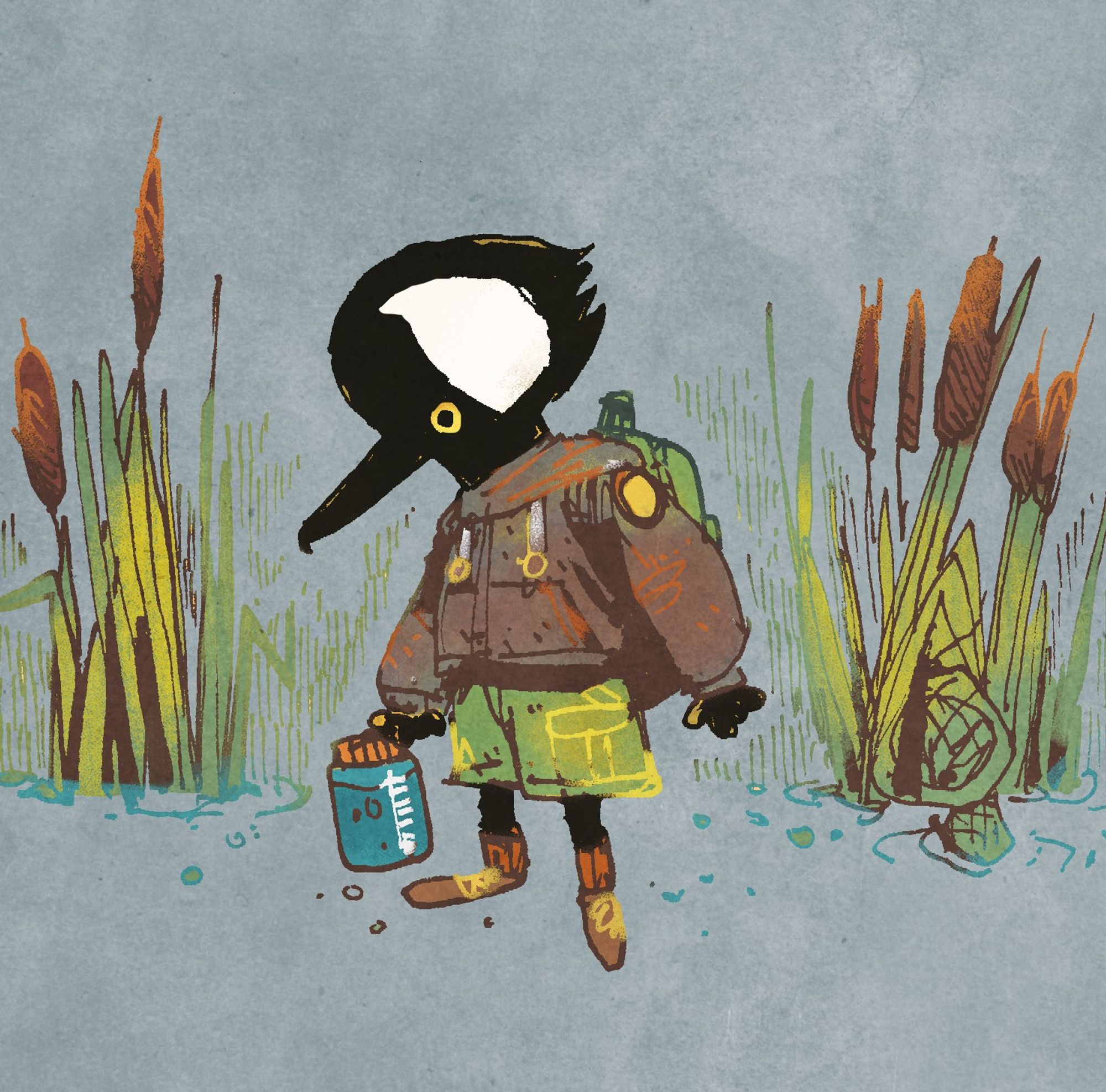 small illustration of an anthropomorphic hooded merganser, wearing a hoodie and shorts. They are surrounded by cattails.