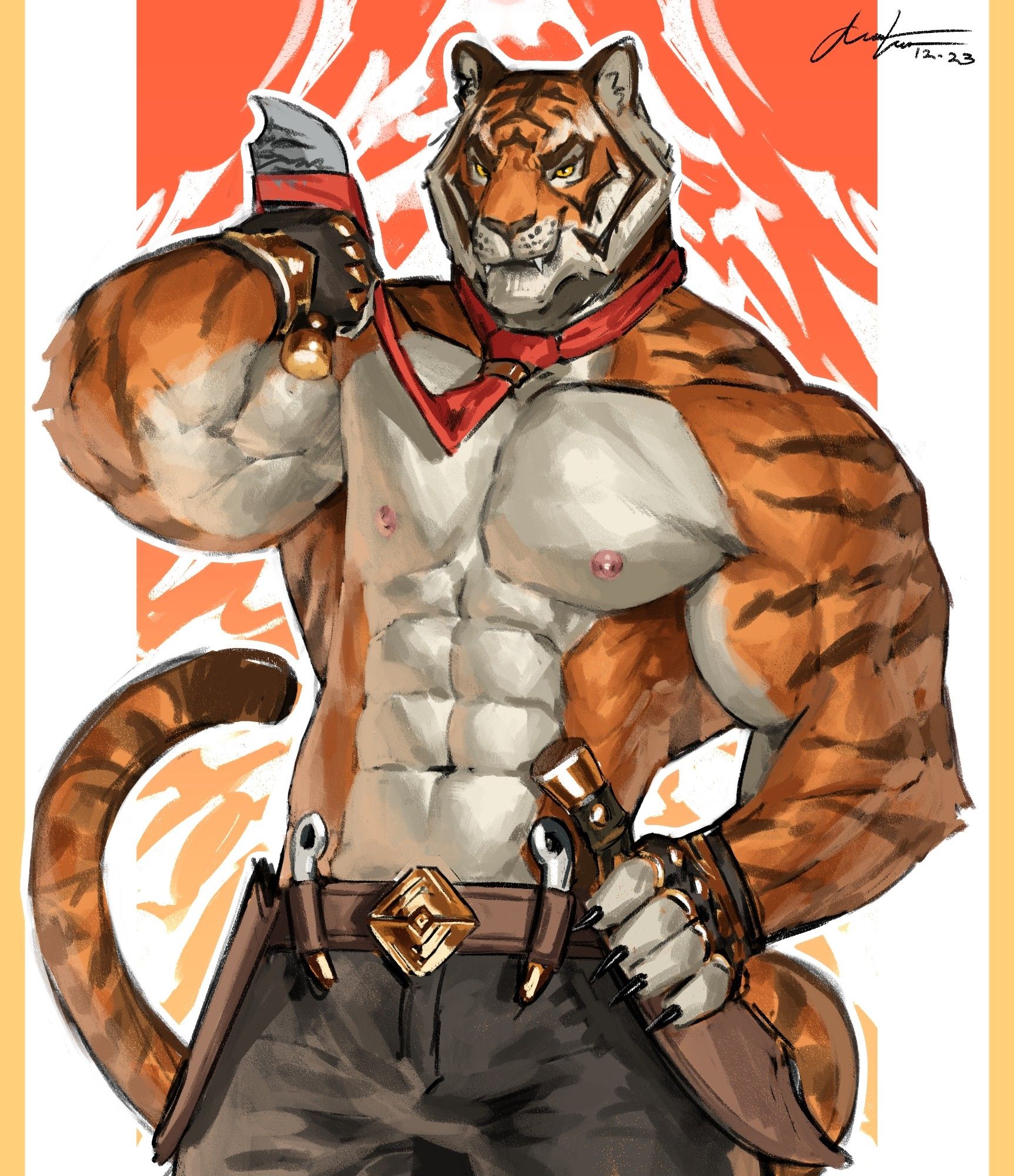 Anthropomorphic tiger man shirtless posing