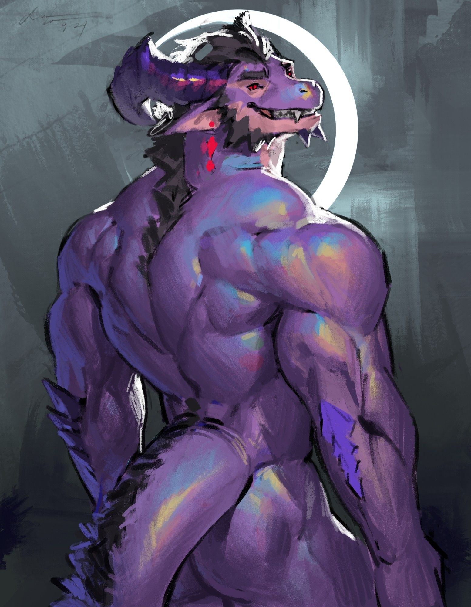 A dragon men who's body is looking away at the viewer. But is tilting his head towards the viewer and giving off a huge grin to them