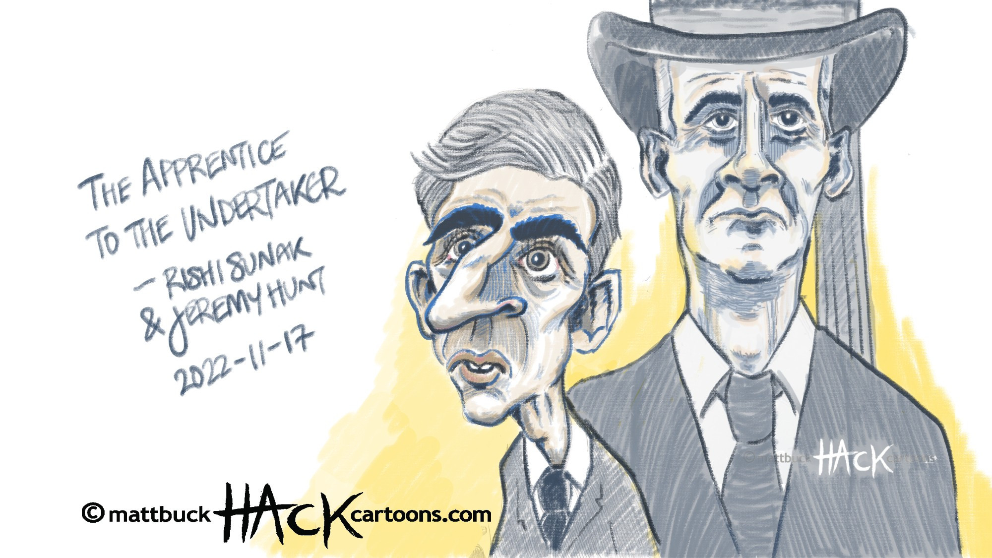 A cartoon of UK Prime Minister Rishi Sunak and Chancellor of the Exchequer Jeremy Hunt after the announcement of the cancellation of the northern leg of HS2 ( High Speed Tail Two)  at The Conservative Party Conference in Manchester on 3st October 2023. By Matthew Buck at HACK Cartoons