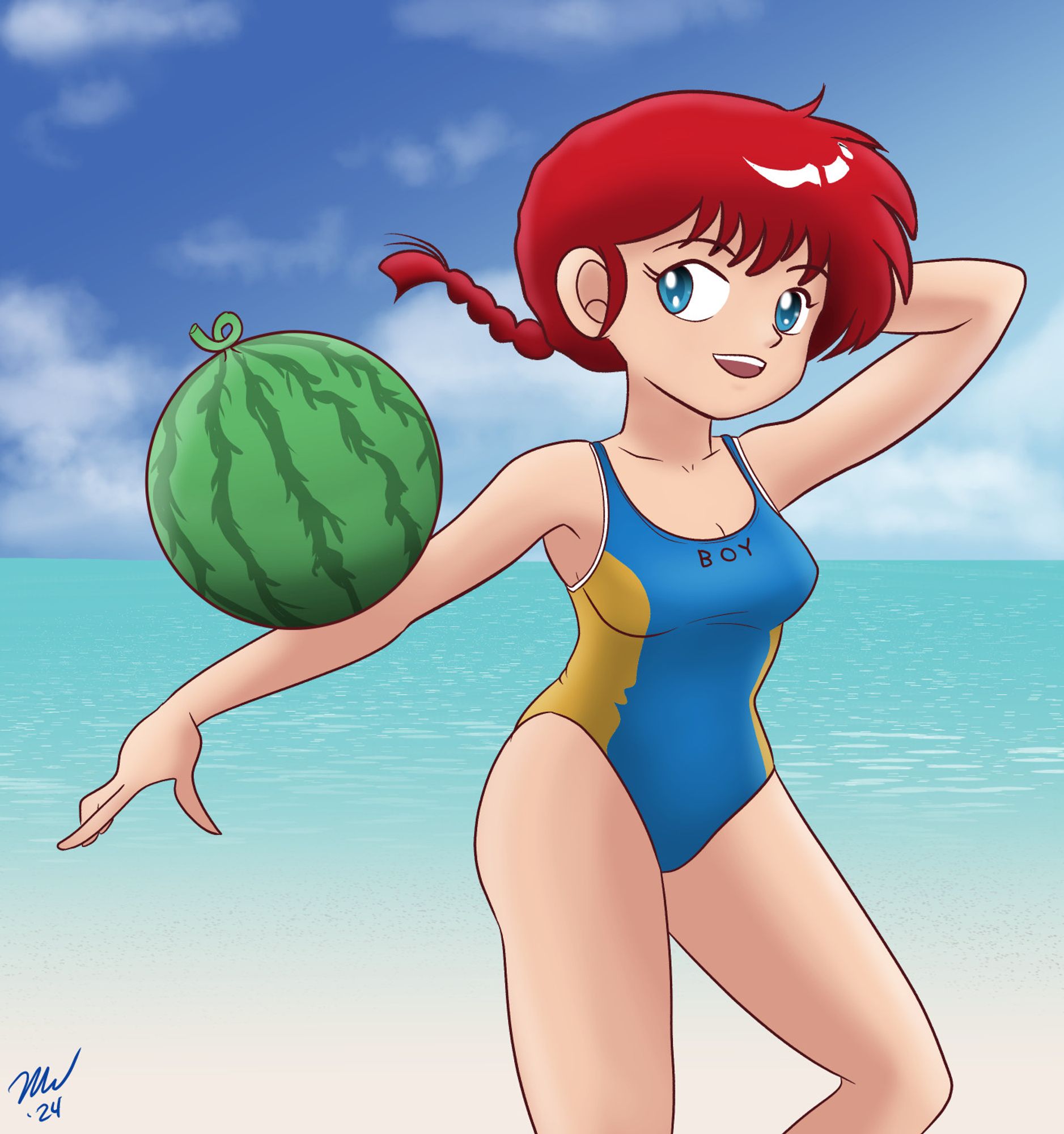 Drawing of Girl-Type Ranma (Ranko) in a one-piece swimsuit that says "B O Y" around the chest. She's smiling and balancing a watermelon on her right elbow. This is a redraw and coloring by me of a B&W cover from the manga.