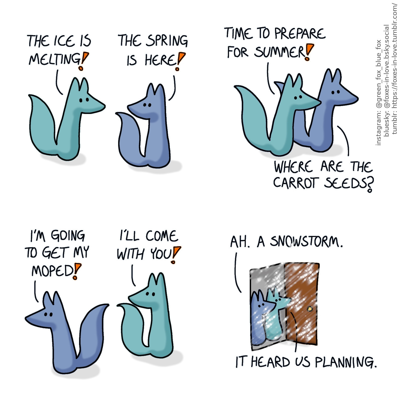 A comic of two foxes, one of whom is blue, the other is green. In this one, Green rushes to Blue with great news. Both are full of excitement.
Green: The ice is melting!
Blue: The spring is here!

The foxes dash into action.
Green: Time to prepare for summer!
Blue: Where are the carrot seeds?

Green turns to look at Blue as Blue abruptly changes directions.
Blue: I'm going to get my moped!
Green: I'll come with you!

The foxes stand at the door, looking outside, disappointed but not surprised. It's snowing, and the wind is blowing hard, obscuring the foxes here and there.
Blue: Ah. A snowstorm.
Green: It heard us planning.