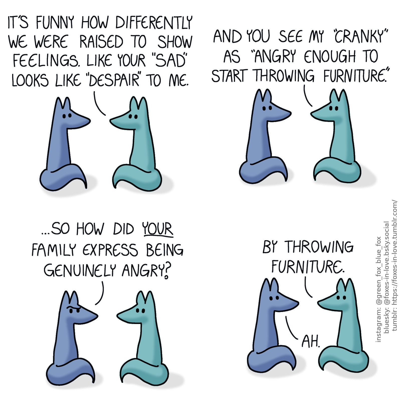 A comic of two foxes, one of whom is blue, the other is green. In this one, Blue and Green are just sitting together, talking.
Green: It's funny how differently we were raised to show feelings. Like your "sad" looks like "despair" to me." And you see my "cranky" as "angry enough to start throwing furniture."

Blue raises an eyebrow, puzzled.
Blue: ...So how did your family express being genuinely angry?
Green: By throwing furniture.
Blue: Ah.