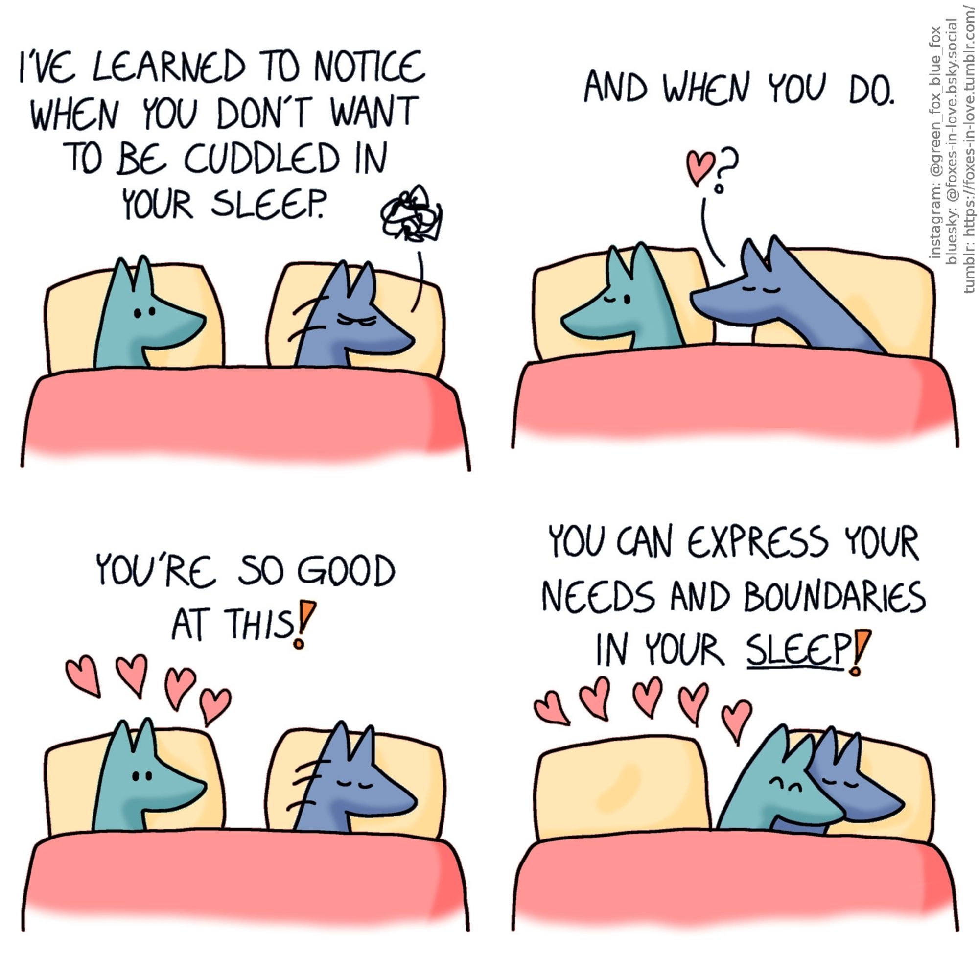 A comic of two foxes, one of whom is blue, the other is green. In this one, Blue and Green are in bed. Green is awake, watching as Blue turns onto his left side, turning his back towards Green, while grumbling in his sleep.
Green, narrating: I've learned to notice when you don't want to be cuddled in your sleep.

As Green turns to lay on his side, back towards Blue, Blue has turned around and reaches towards him, inquiring for affection.
Green, still narrating: And when you do.

Full of pride and affection, Green turns to look at Blue, who flips back around to turn his back towards him.
Green, continuing to narrate: You're so good at this!

Green cuddles up to Blue, curling up around him as the big spoon. Green is beaming with joy, and Blue is sound asleep.
Green, still narrating: You can express your needs and boundaries in your sleep!