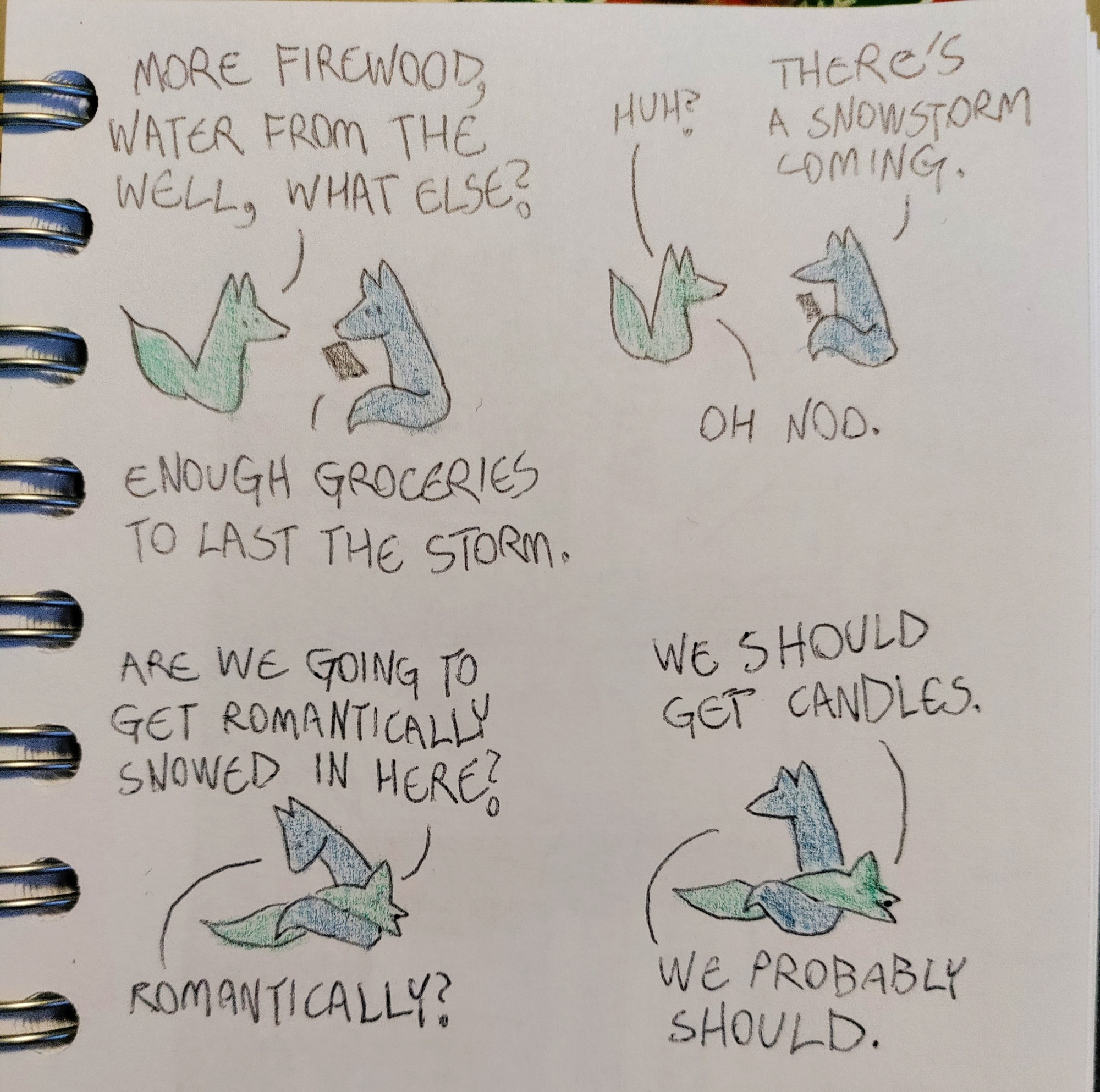 A hand-drawn comic of two foxes, one of whom is blue, the other is green. In this one, Blue is reading something off his phone as Green approaches.
Green: More firewood, water from the well, what else?
Blue: Enough groceries to last the storm.

Green raises his tail in surprise, but does not look worried at all. Blue looks up from his phone to talk to him.
Green: Huh?
Blue: There's a snowstorm coming.
Green: Oh noo.

Green flops dramatically on Blue's tail. Blue looks at him in mild confusion.
Green: Are we going to get romantically snowed in here?
Blue: Romantically?

Green keeps talking, still lounging on Blue's tail. Blue looks up, in agreement.
Green: We should get candles.
Blue: We probably should.