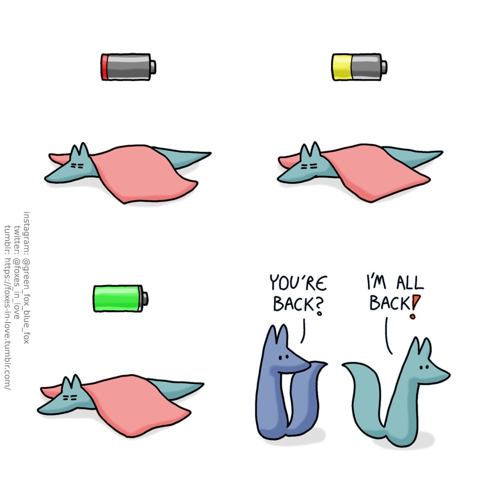 A comic of two foxes, one of whom is blue, the other is green. In this one, Green is laying under a blanket, deeply tired but slowly recharging. There's a visualisation of a battery being charged over his head, starting from red and almost empty, to yellow and filled almost halfway, and finally green and almost fully charged.

 Blue turns around to look at Green, who has now gotten up and is moving about, full of energy again.
Blue: You're back?
Green: I'm all back!