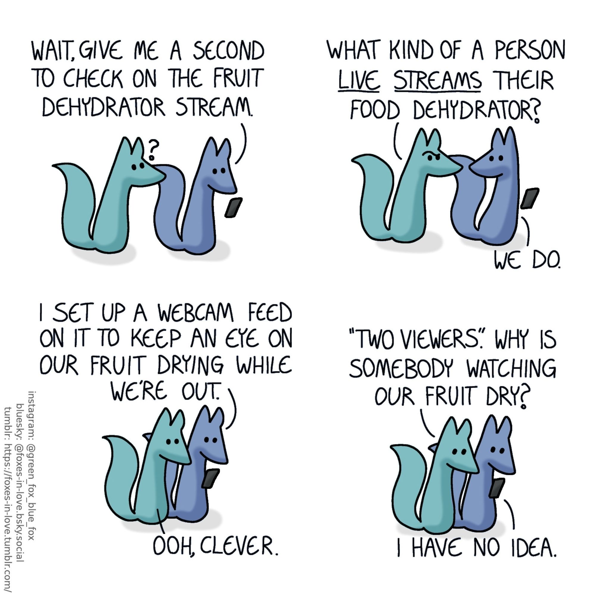 A comic of two foxes, one of whom is blue, the other is green. In this one, Blue and Green are out and about as Blue pulls out his phone. Green looks at the phone, puzzled.
Blue: Wait, give me a second to check on the fruit dehydrator stream.

Blue turns to look at Green as Green's confusion deepens.
Green: What kind of a person live streams their food dehydrator?
Blue: We do.

Green settles right next to Blue as Blue shows him something on his phone.
Blue: I set up a webcam feed on it to keep an eye on our fruit drying while we're out.
Green: Ooh, clever.

Both of the foxes pause, looking at the phone.
Green: "Two viewers." Why is somebody watching our fruit dry?
Blue: I have no idea.