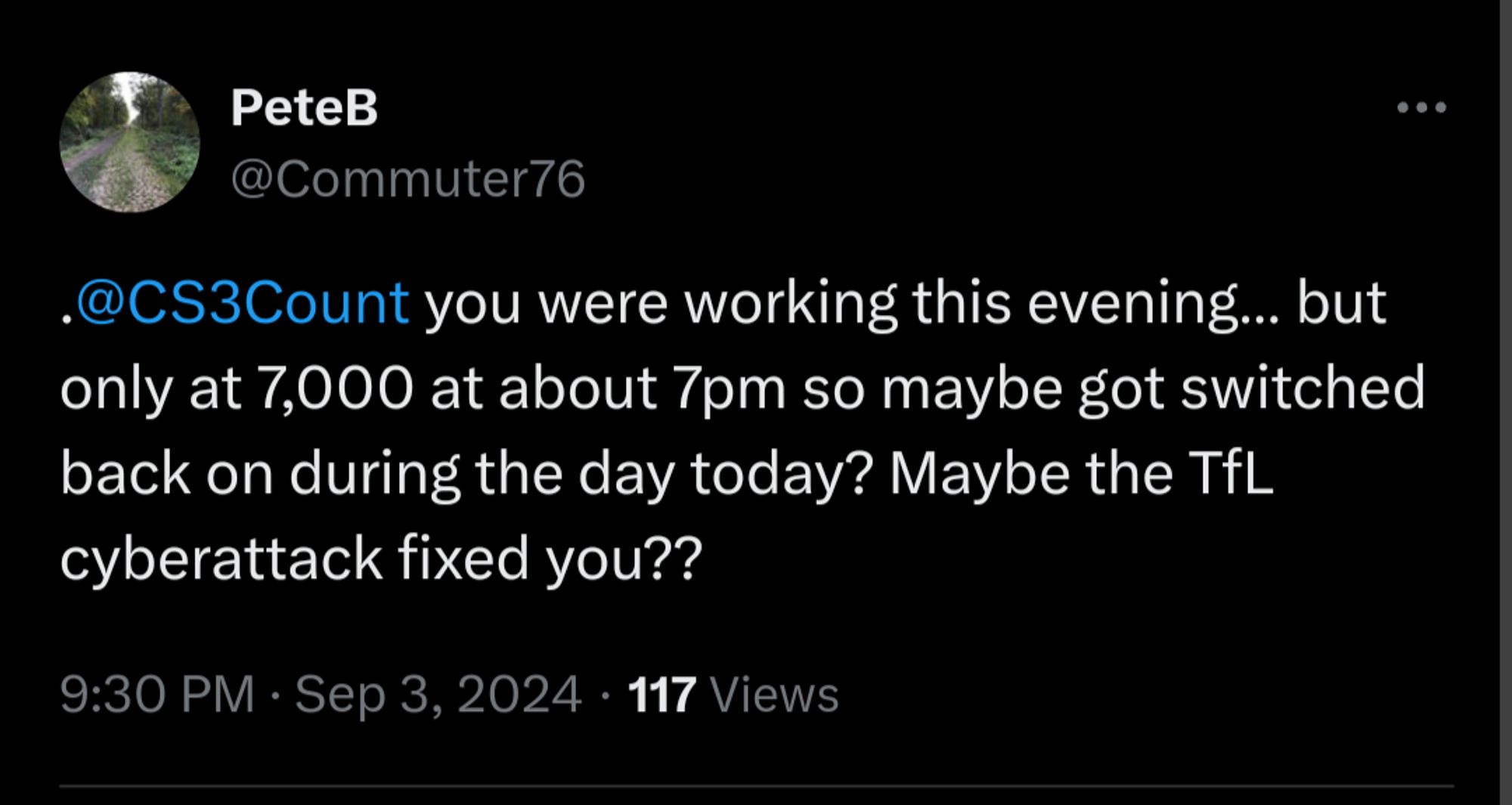 PeteB @Commuter76

@CS3Count you were working this evening… but only at 7,000 at about 7pm so maybe got switched back on during the day today? Maybe the TfL cyberattack fixed you??
9:30 PM · Sep 3, 2024