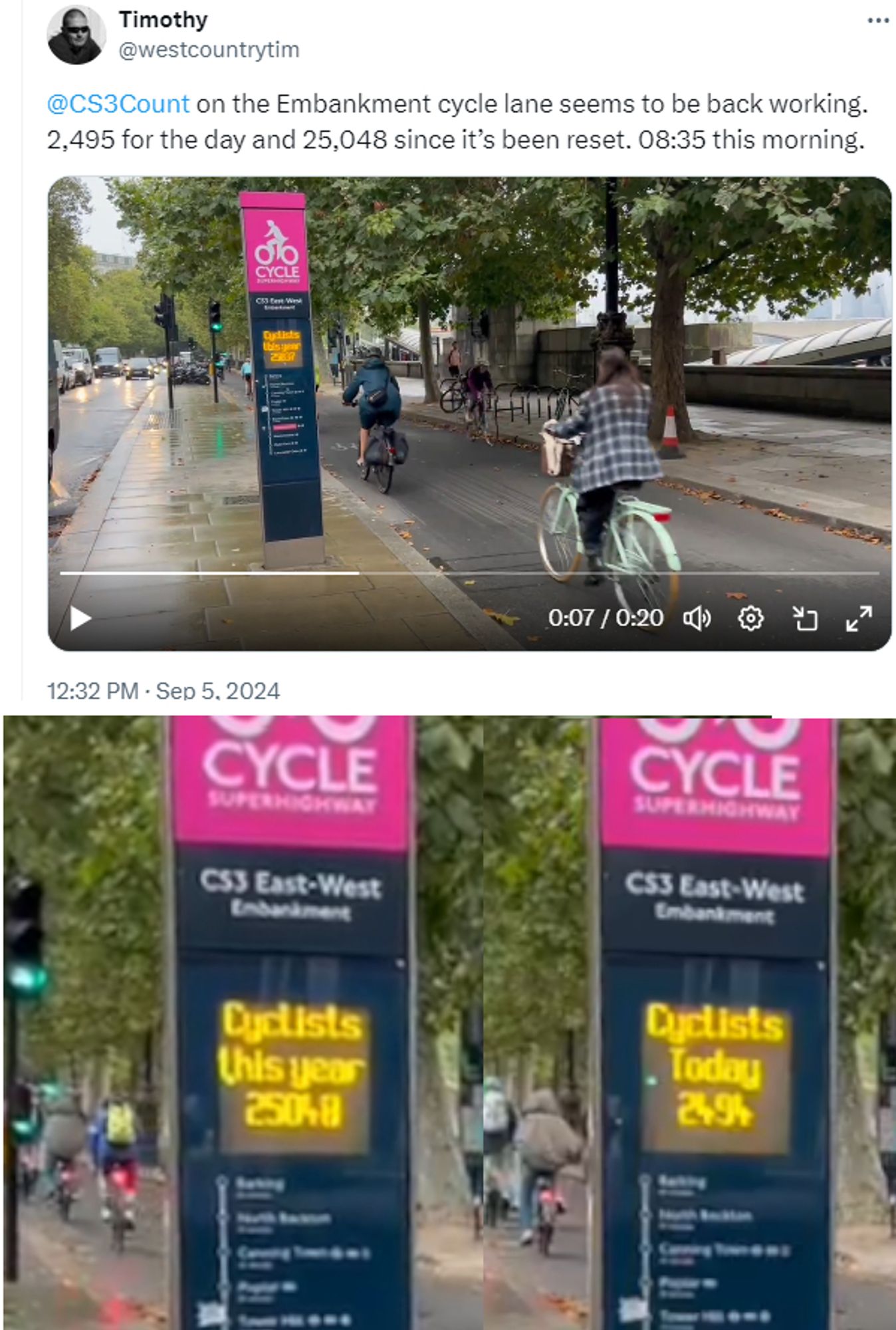 Screenshot of a post on the X platform:

"#CS3Count on the Embankment cycle lane seems to be back working. 2,495 for the day and 25,048 since it’s been reset. 08:35 this morning."

Included here are two stills from the post's attached video, showing the quoted cyclists this year and cyclists today scores on the counter's electronic display".