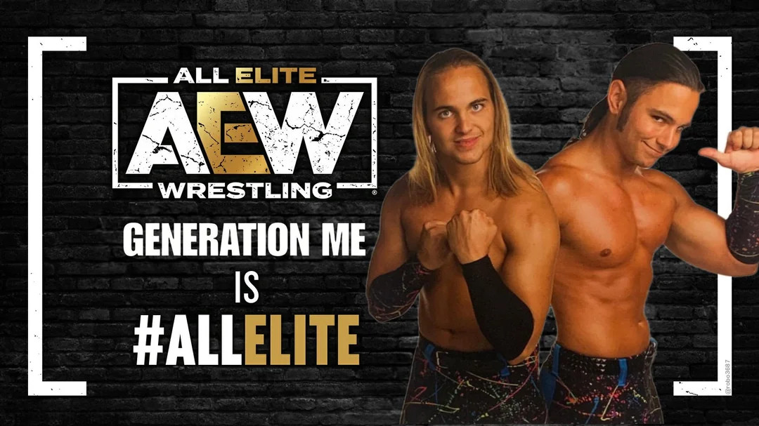 The AEW signing promo picture for Generation Me, a Tag Team made up of Nick and Matt Jackson aka The Young Bucks. This is from their TNA run and they look like babies cosplaying the Hardyz. 