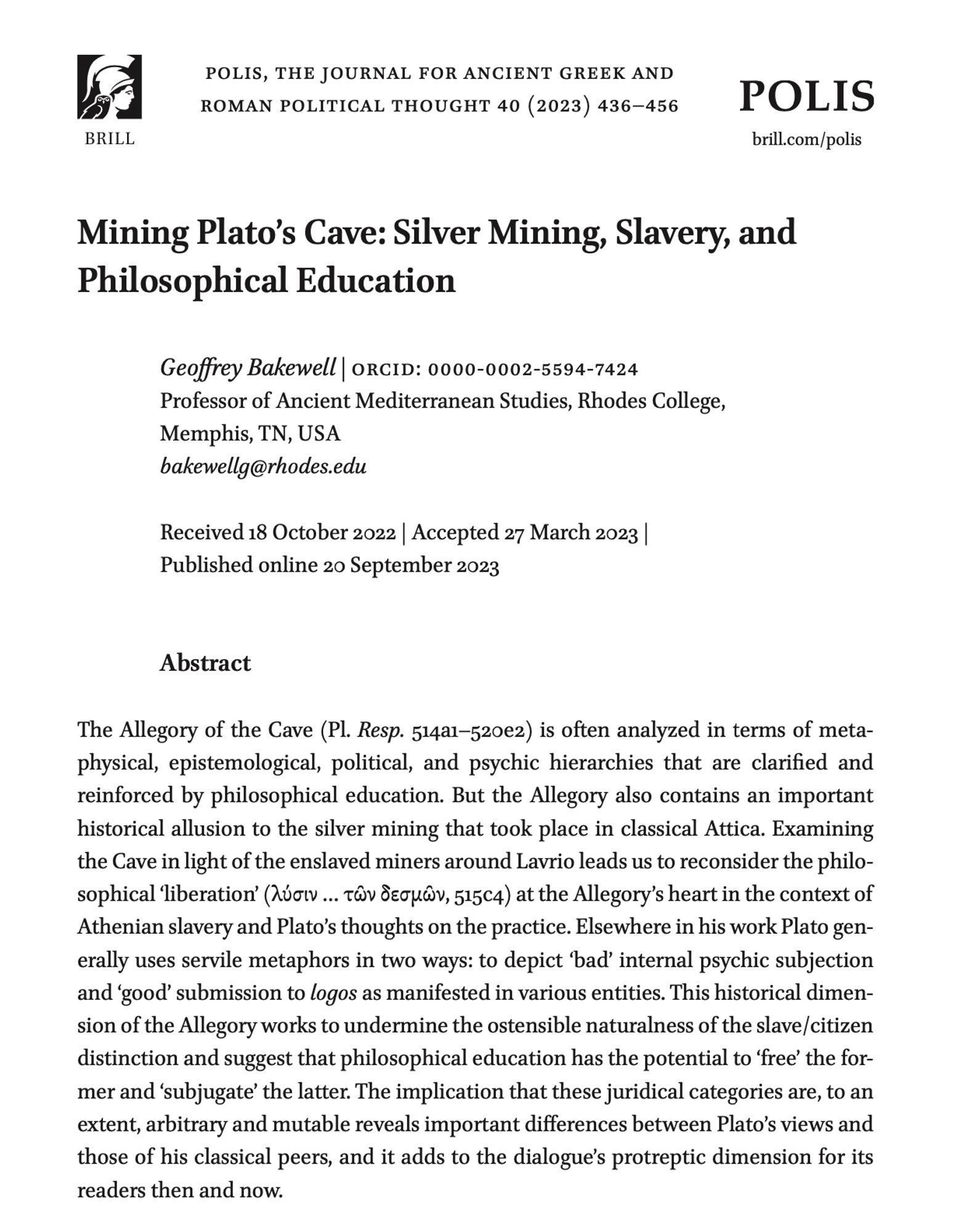 Bakewell, "Mining Plato's cave: silver mining, slavery, and philosophical education," Polis 2023