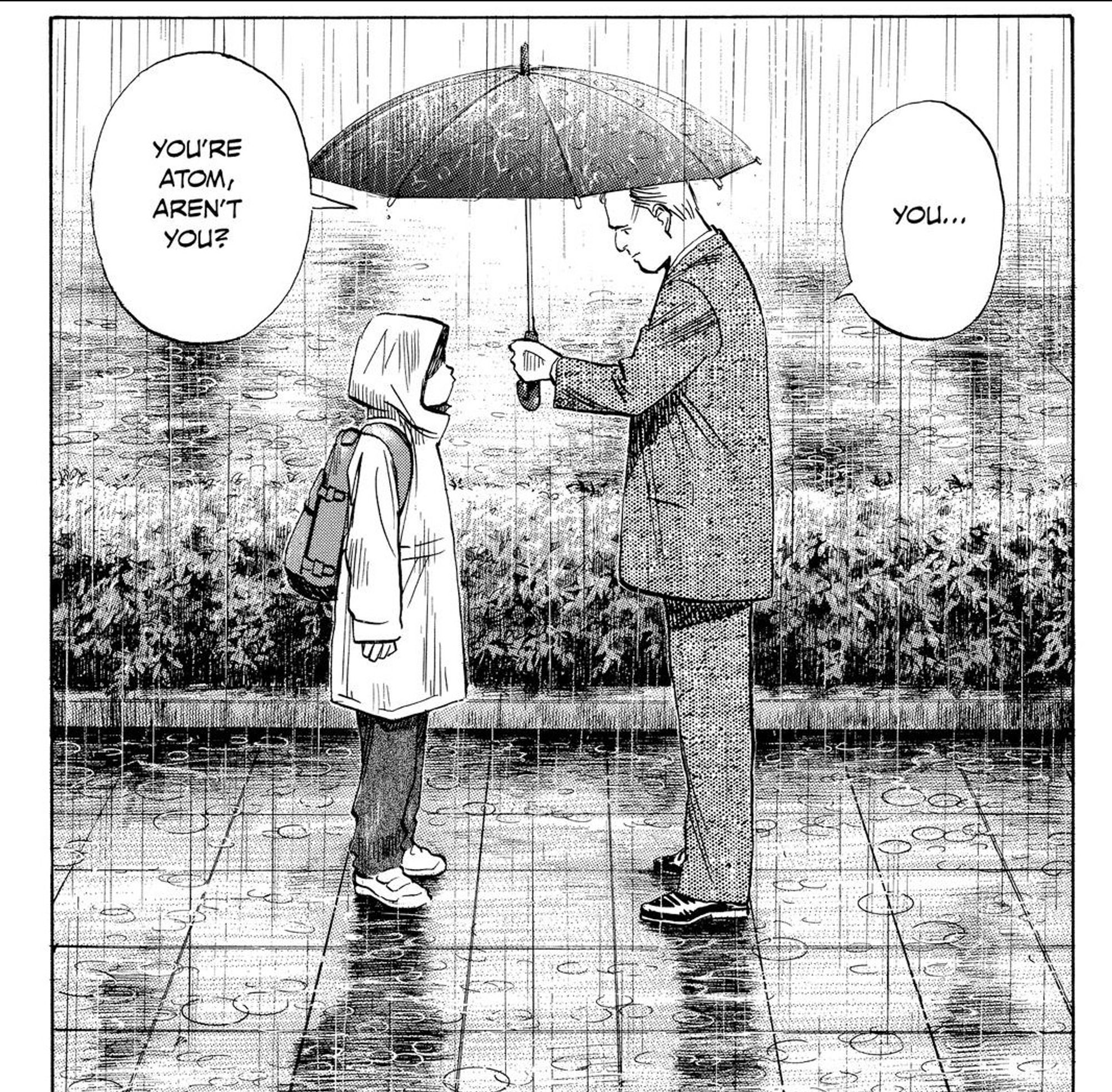 a shot from the pluto manga of atom (astro boy) and gesicht meeting for the first time in the story. atom is wearing a raincoat and gesicht is carrying an umbrella. the rain is pouring.